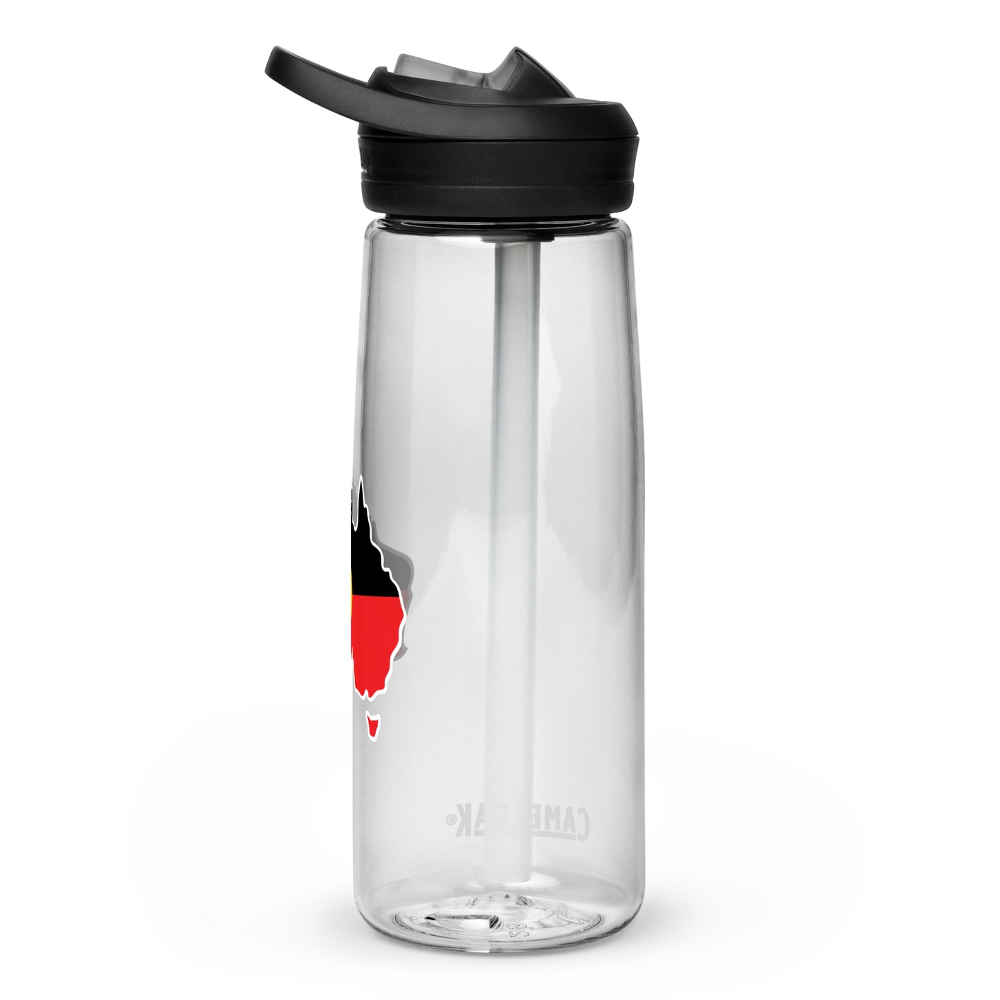 Left view of clear CamelBak sports bottle, Aboriginal Australia art