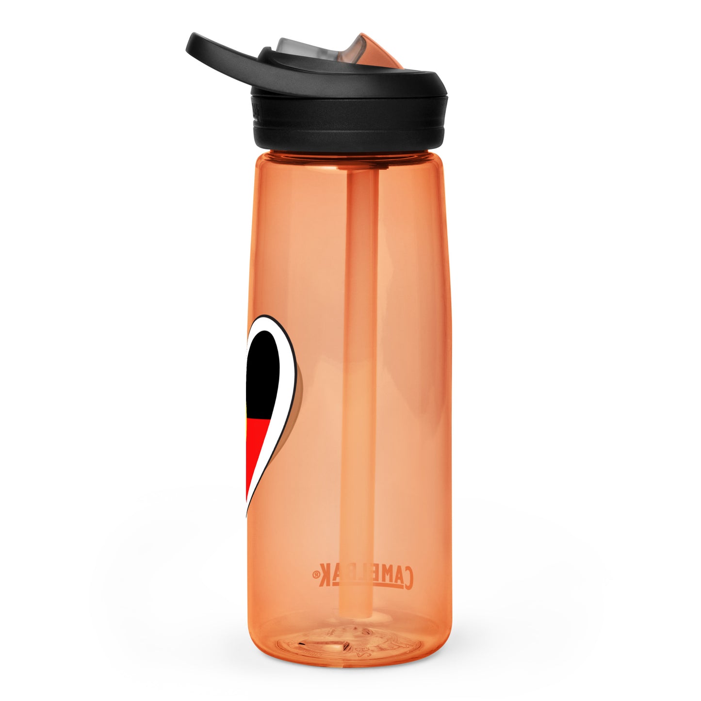 Orange CamelBak sports bottle with Aboriginal heart design, left view