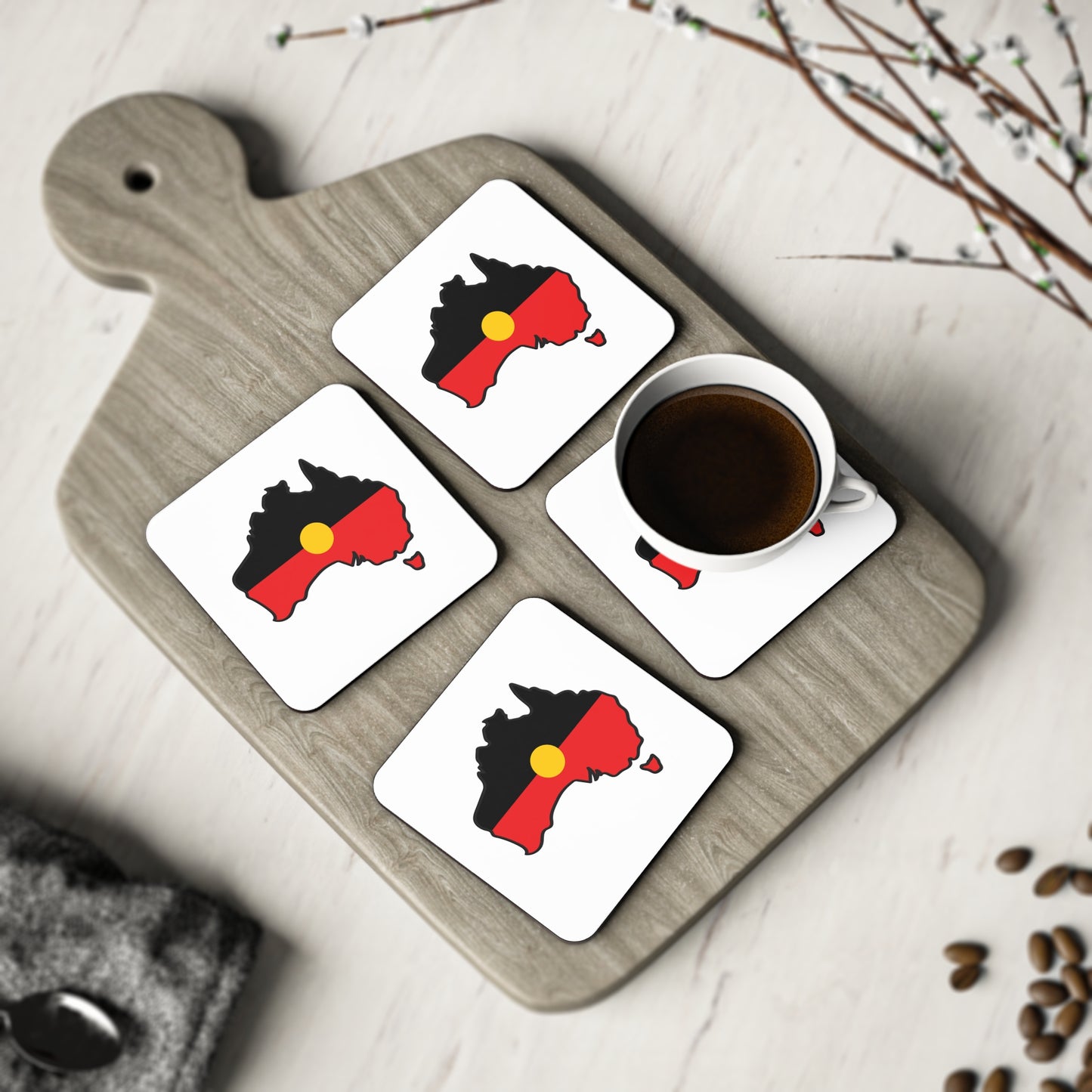 White square Aboriginal coasters, 4-pack, Australia design in a home décor setting