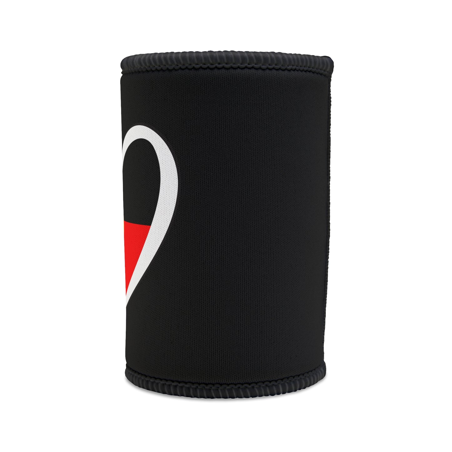 Left side view of black stubby cooler showing partial Aboriginal flag heart design and stitched edge.