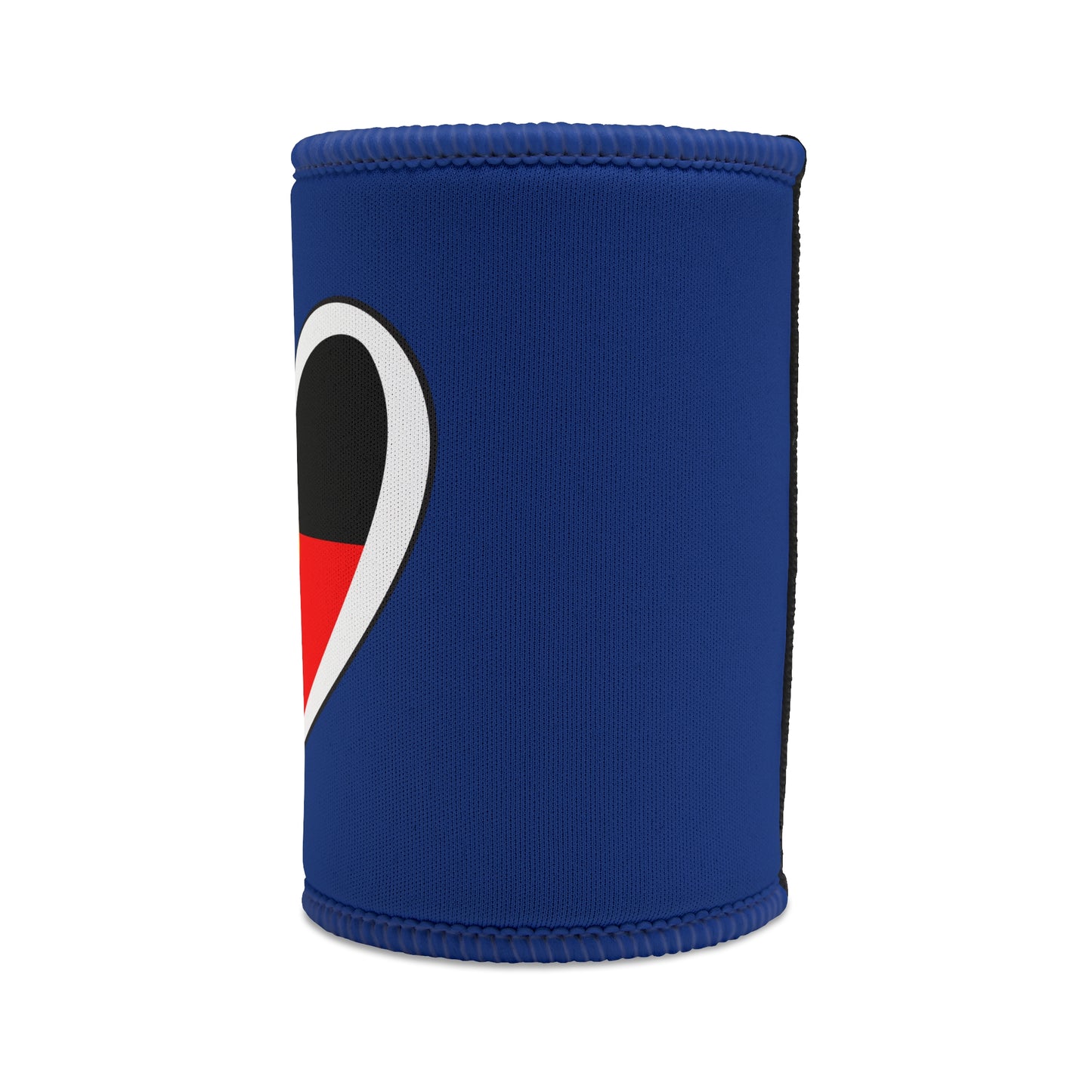 Left side view of navy blue stubby cooler showing partial Aboriginal flag heart design and stitched edge.
