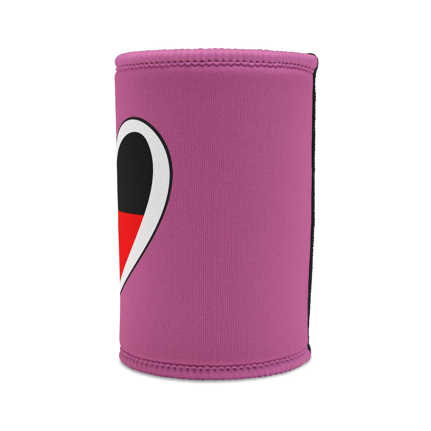Left side view of pink stubby cooler showing partial Aboriginal flag heart design and stitched edge.