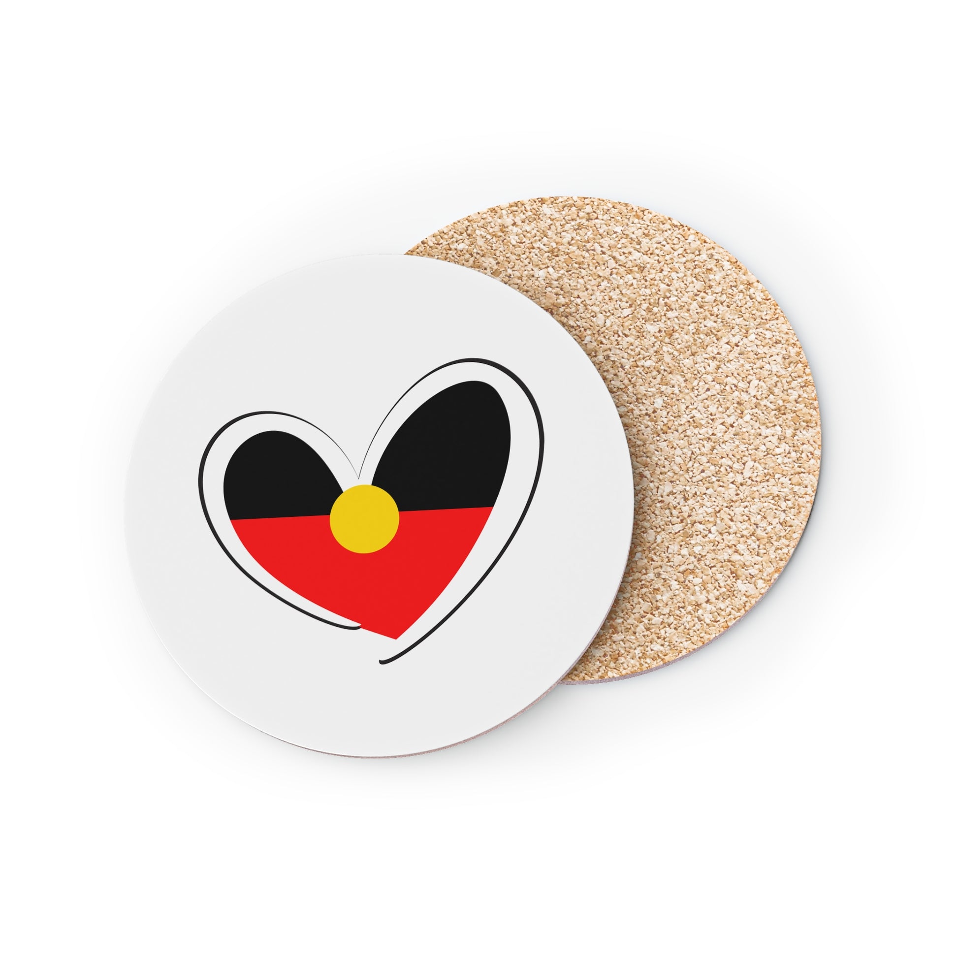 Round white Aboriginal Flag coaster with heart-shaped design and cork backing.