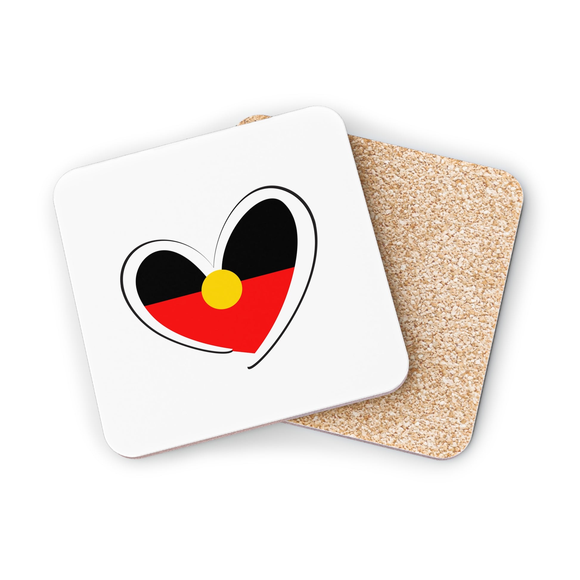 Square white coaster with Aboriginal heart design and cork base, styled flat lay.