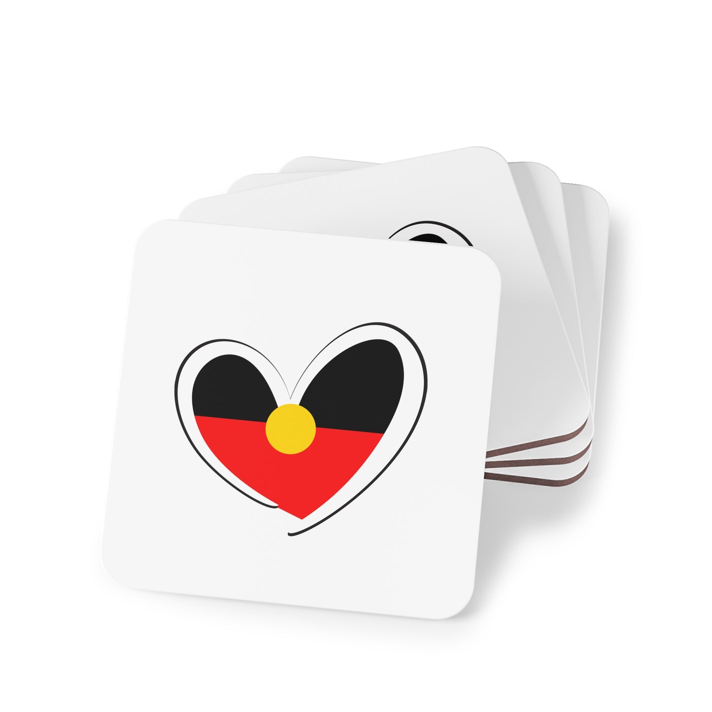 Stack of four square white coasters with Aboriginal heart design in red, black, and yellow.