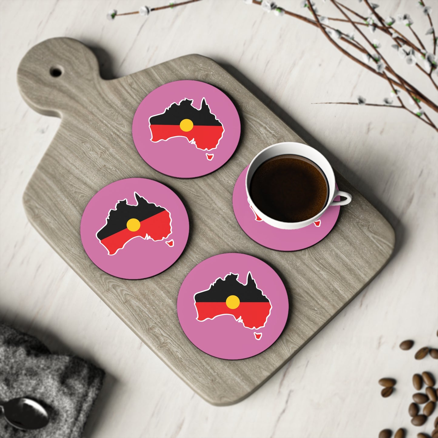 Pink circular coasters, 4-pack, Australia design in a home décor setting