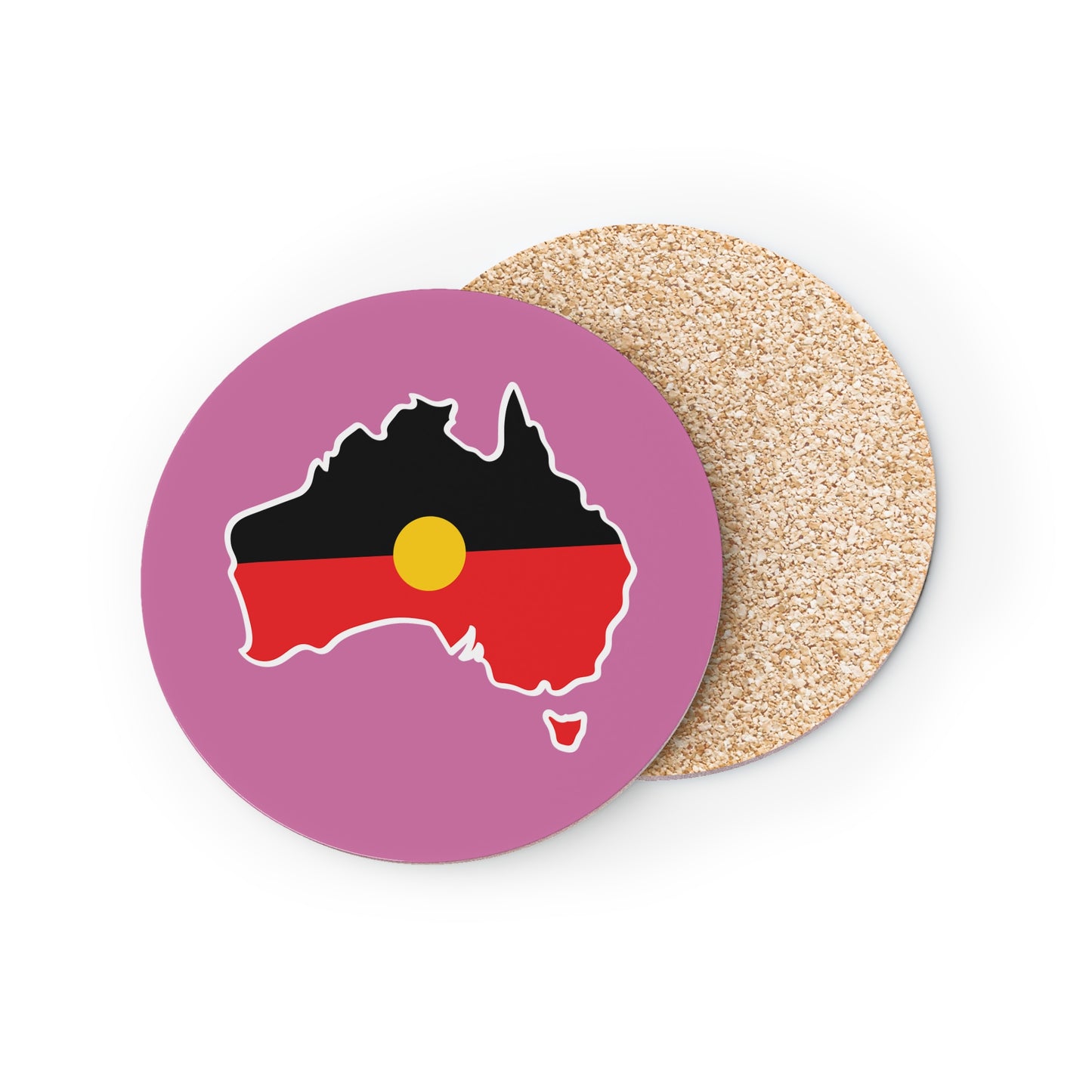 Pink circular Aboriginal coaster, Australia design, in dining setting
