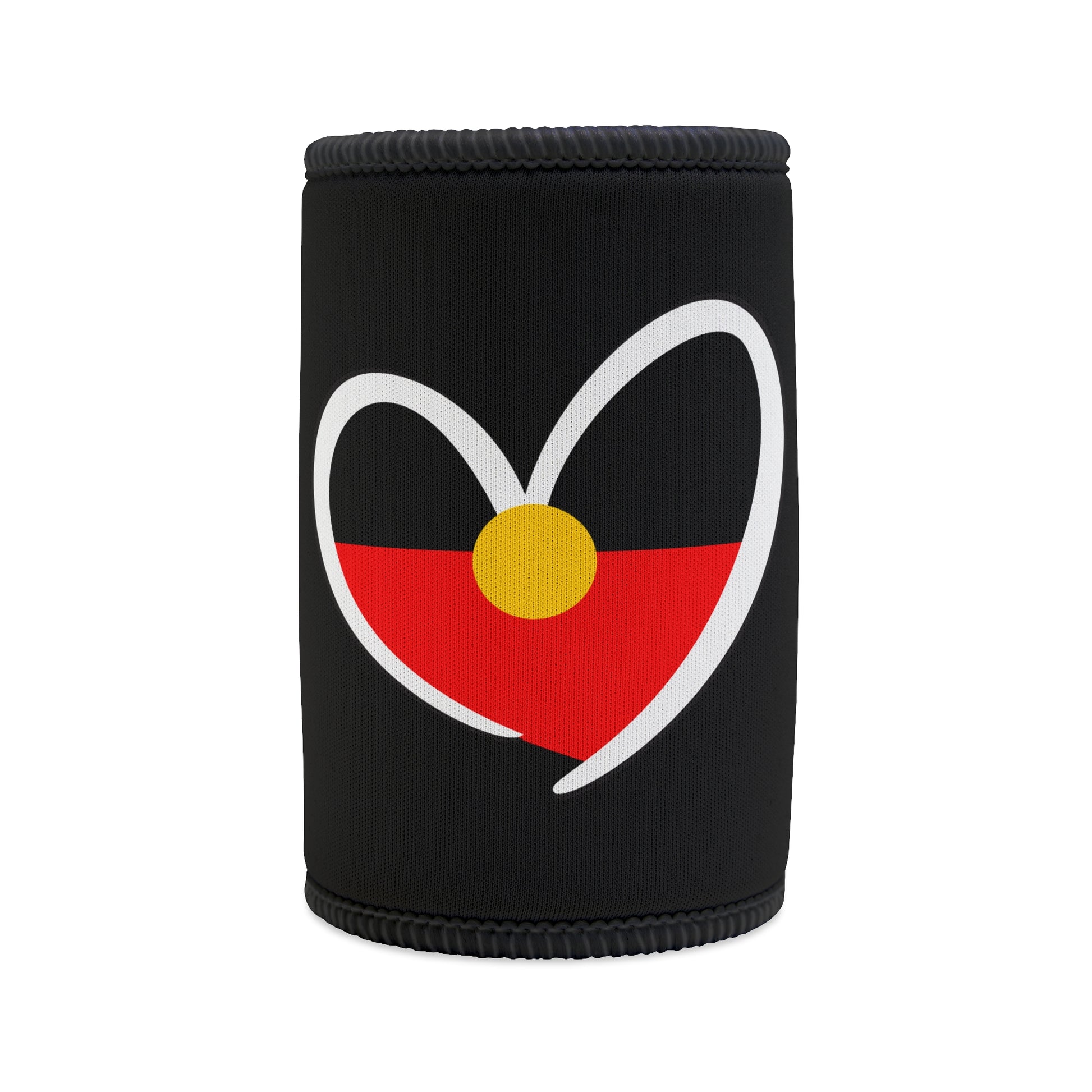 Black stubby cooler with Aboriginal flag heart design, symbolising cultural pride, unity, and love.