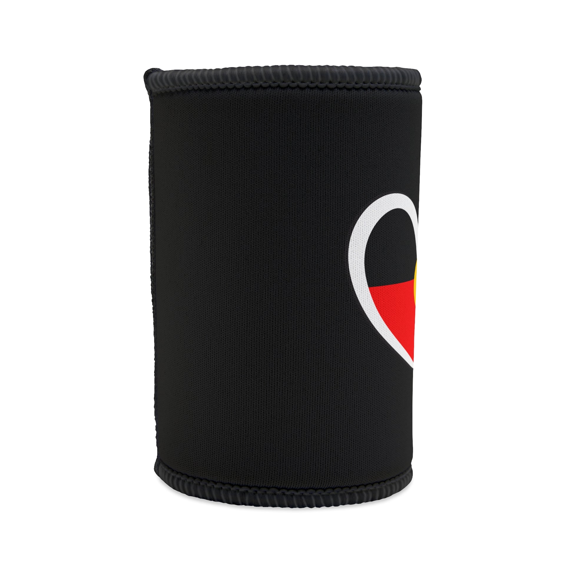 Right side angle of stubby cooler with curved heart design and clean black neoprene material.