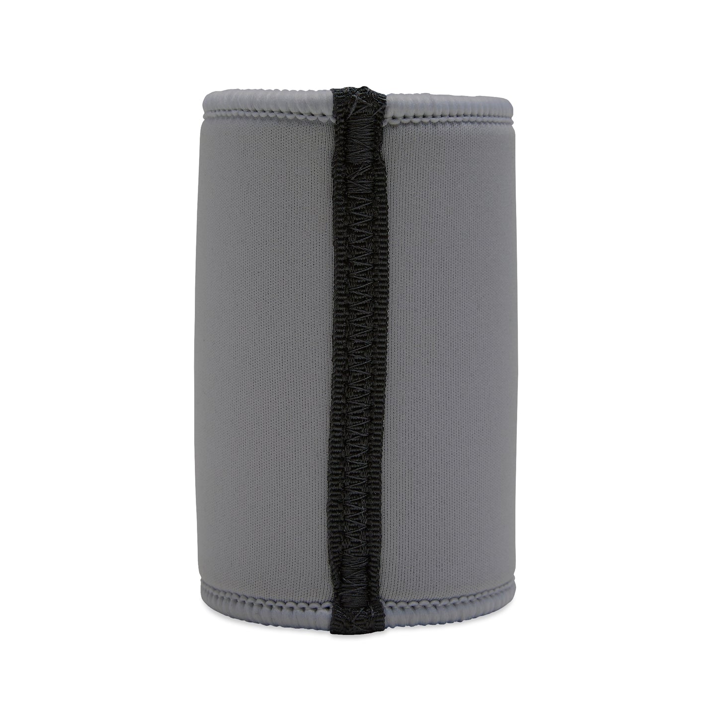 Back of grey stubby cooler with black vertical seam and smooth neoprene surface.