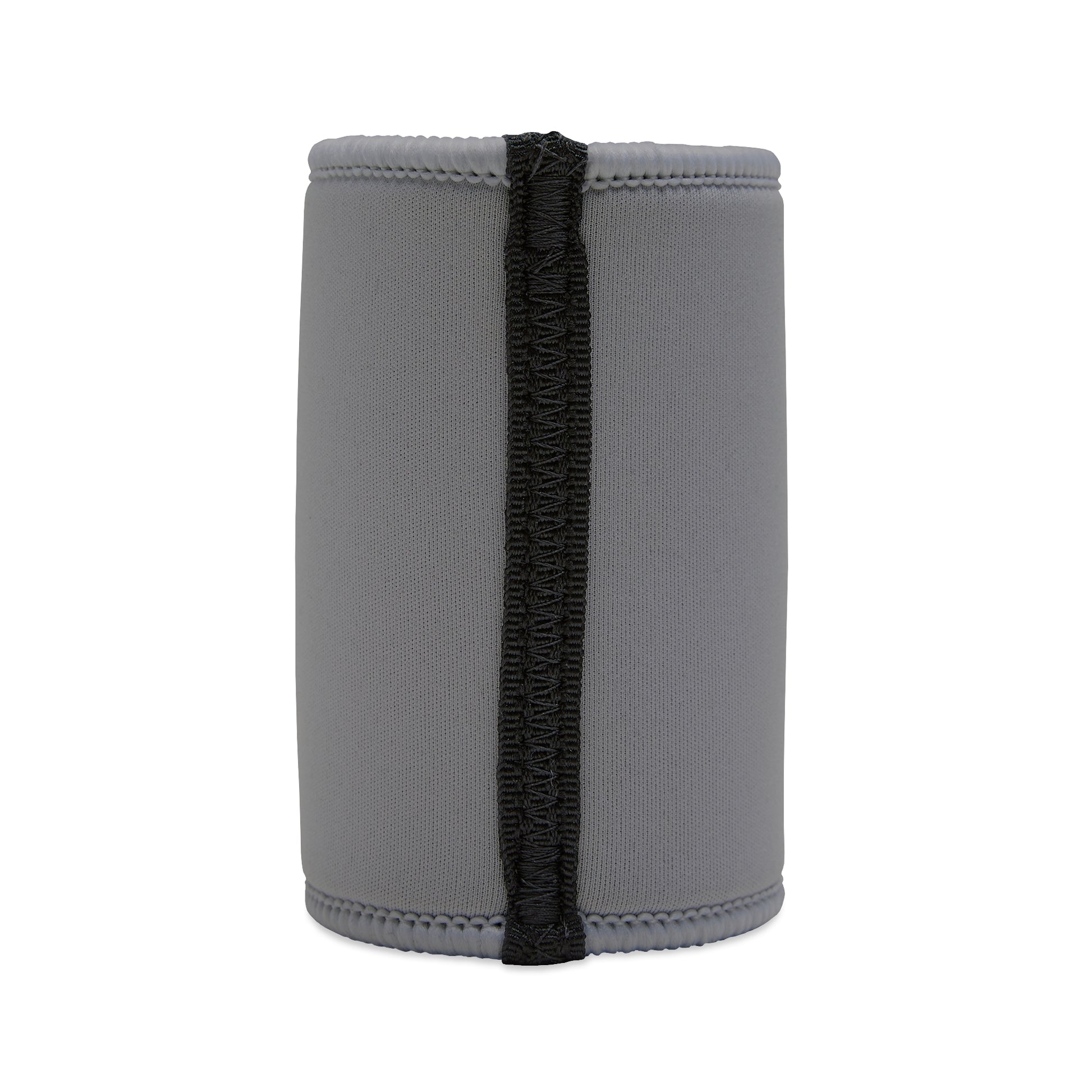 Back of grey stubby cooler with black vertical seam and smooth neoprene surface.