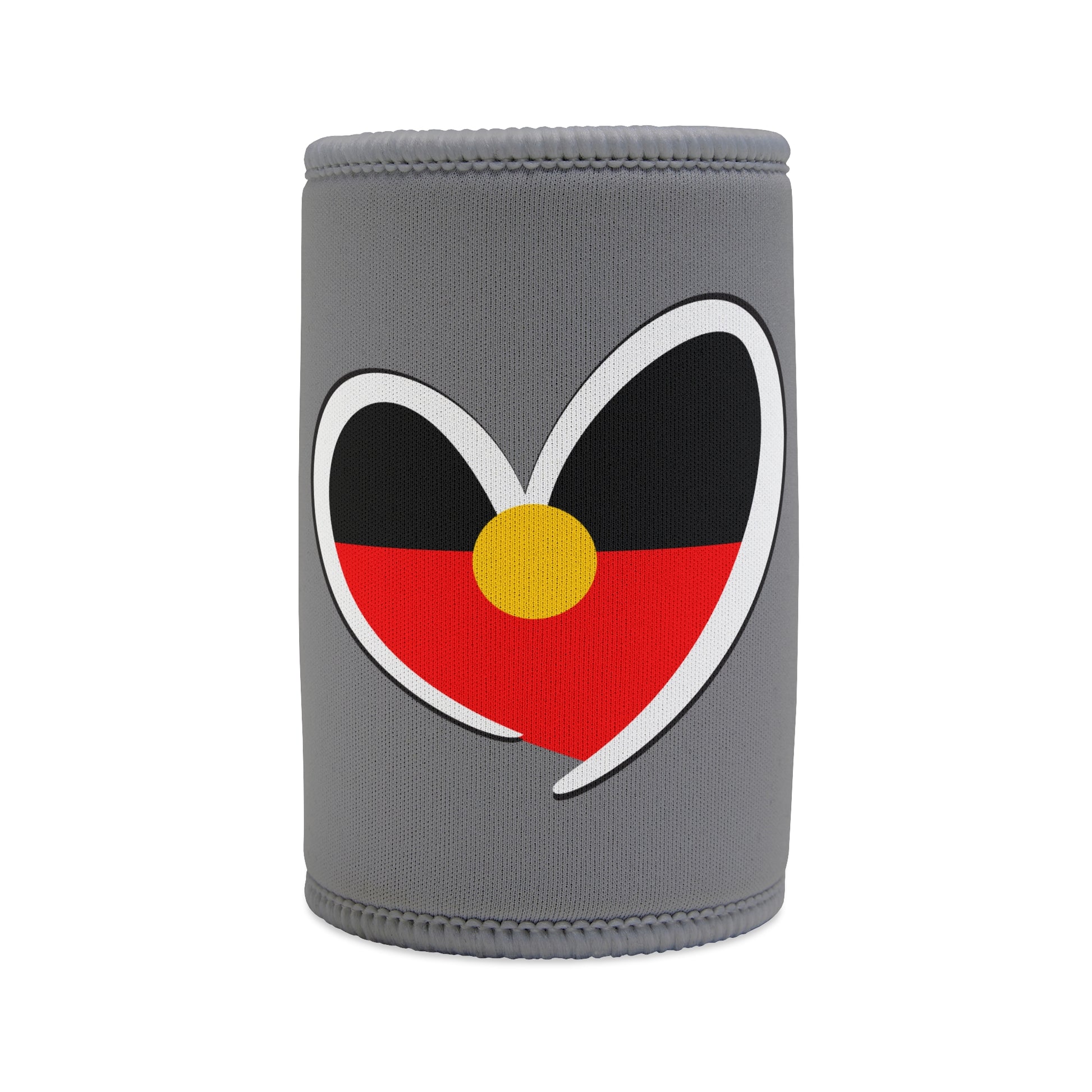 Grey stubby cooler with Aboriginal flag heart design, symbolising cultural pride, unity, and love.