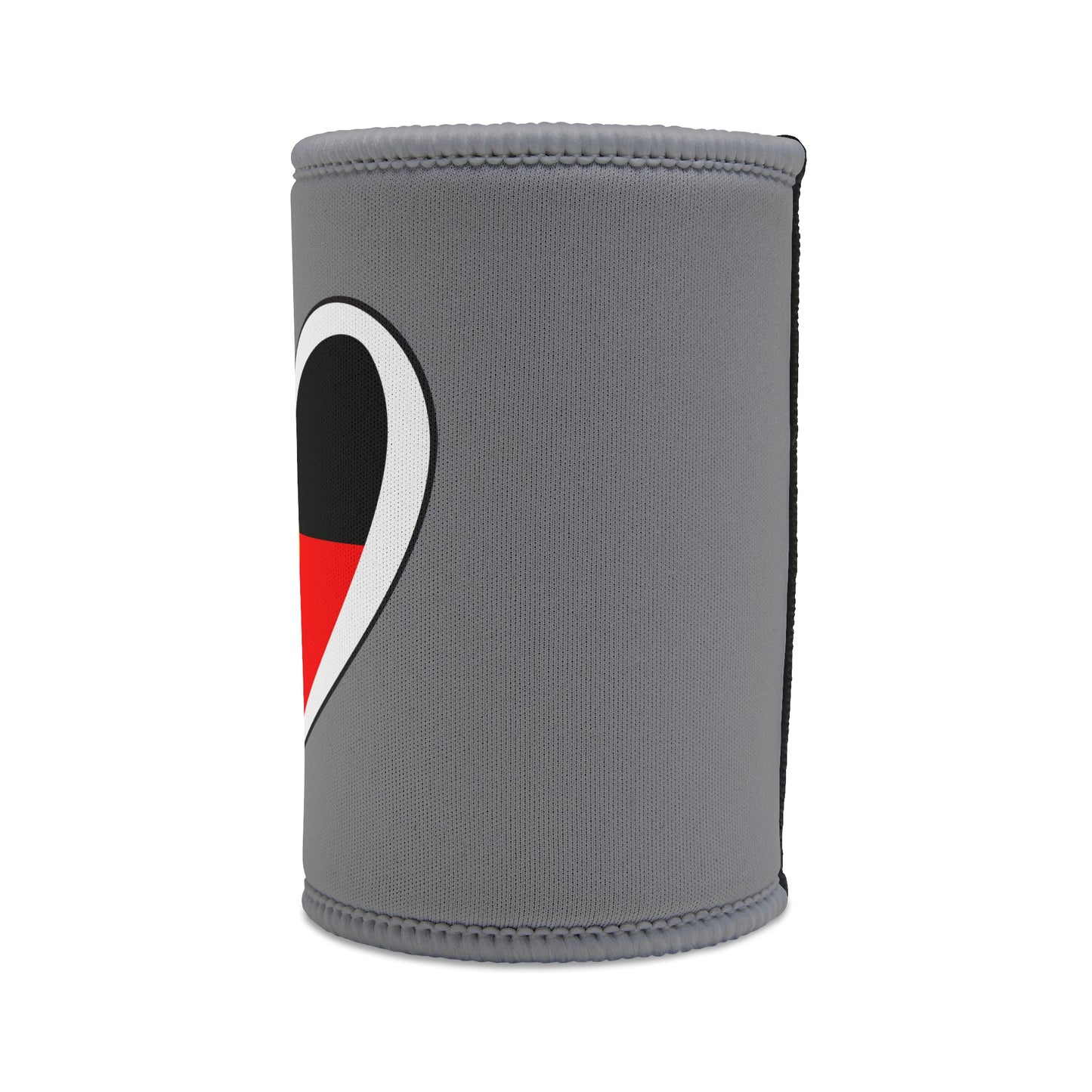 Left side view of grey stubby cooler showing partial Aboriginal flag heart design and stitched edge.