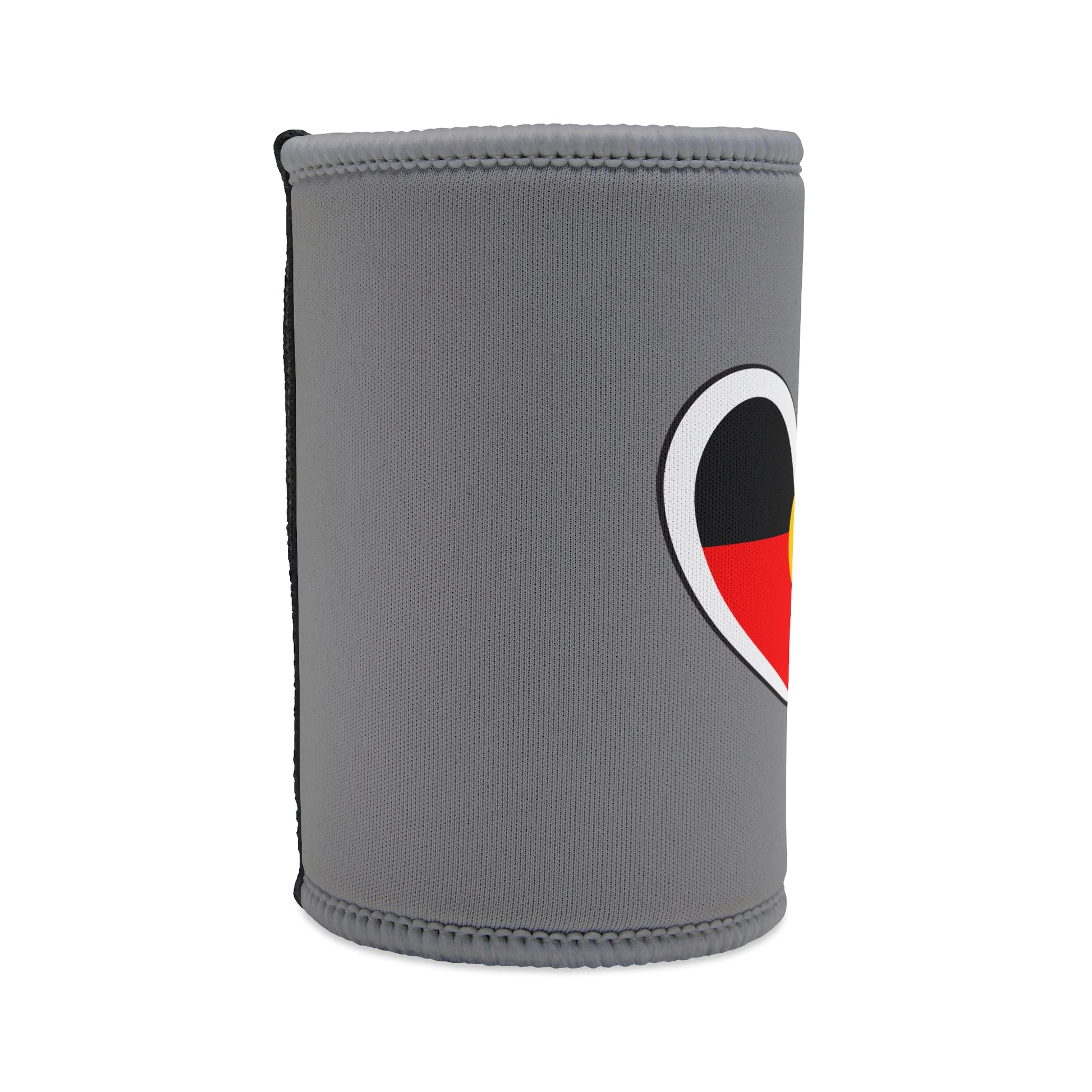 Right side angle of stubby cooler with curved heart design and clean grey neoprene material.