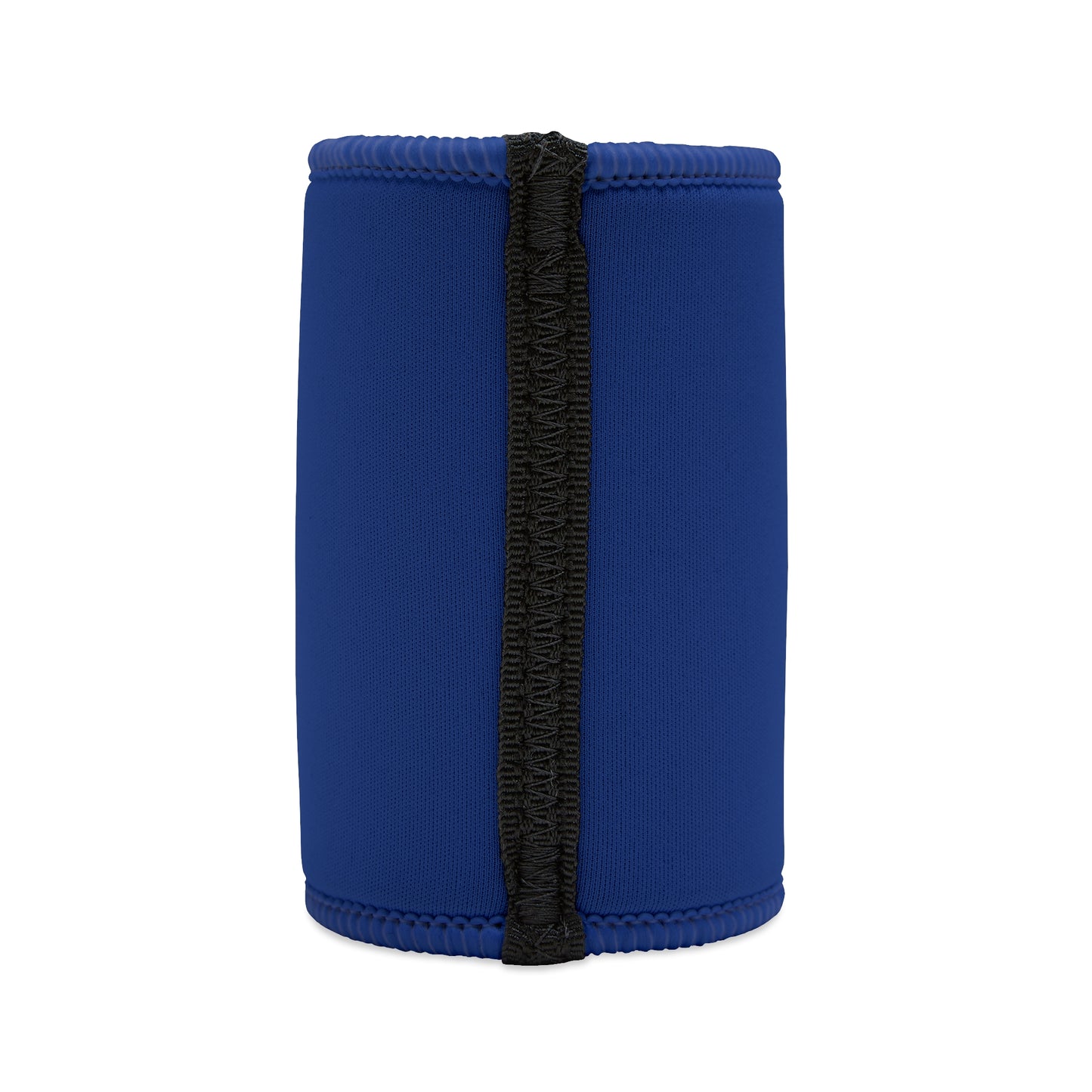 Back of navy blue stubby cooler with black vertical seam and smooth neoprene surface.