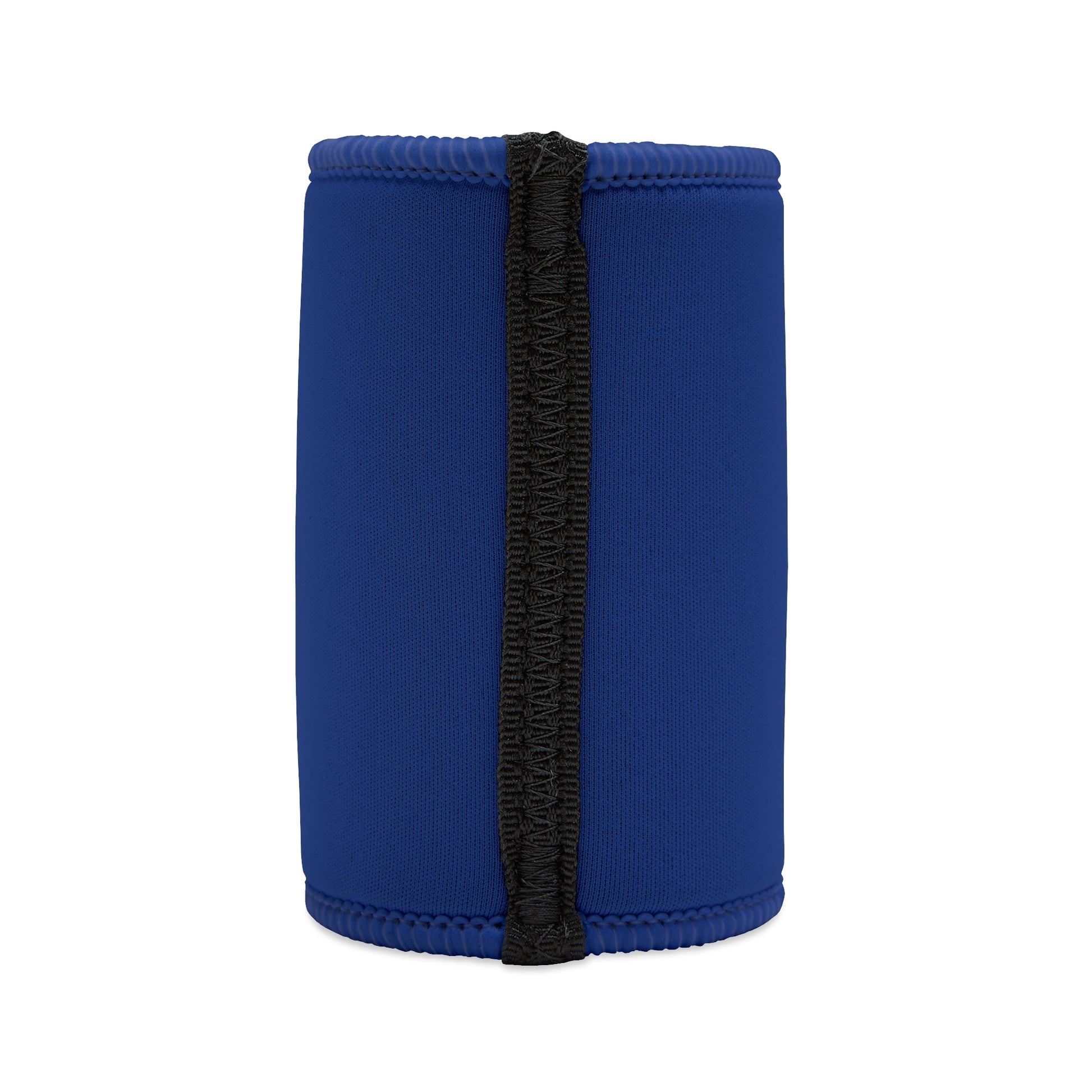 Back of navy blue stubby cooler with black vertical seam and smooth neoprene surface.