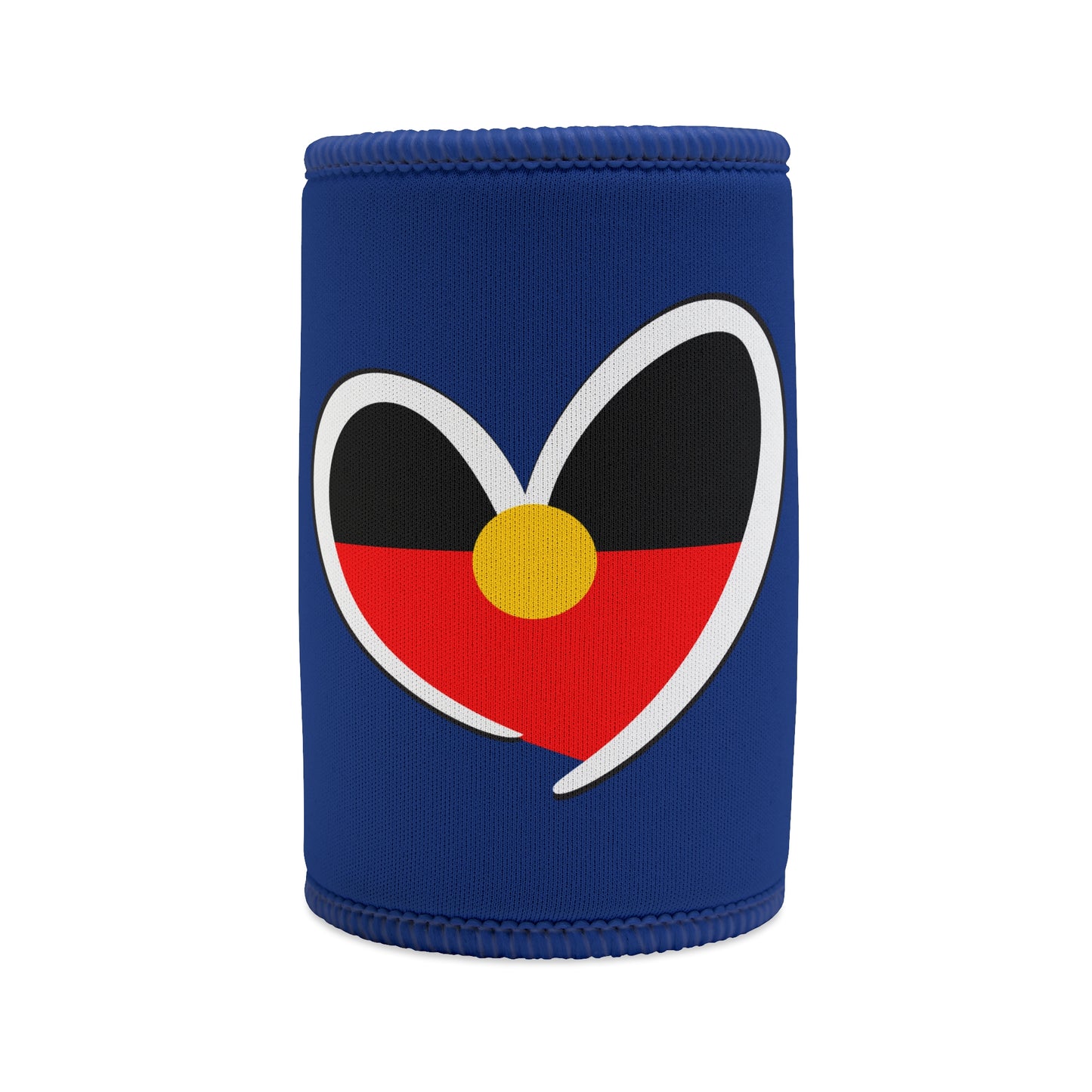 Navy blue stubby cooler with Aboriginal flag heart design, symbolising cultural pride, unity, and love.