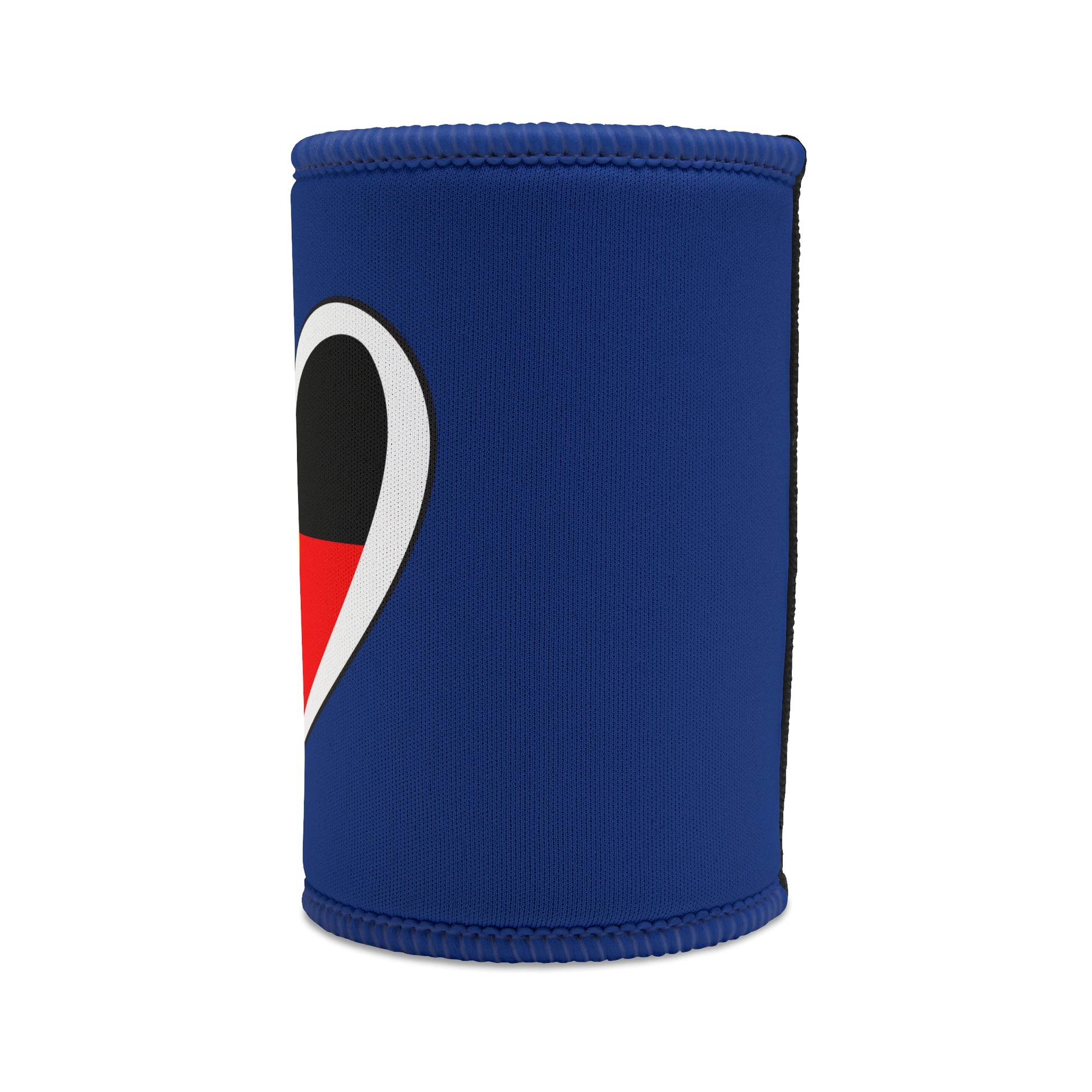 Left side view of navy blue stubby cooler showing partial Aboriginal flag heart design and stitched edge.