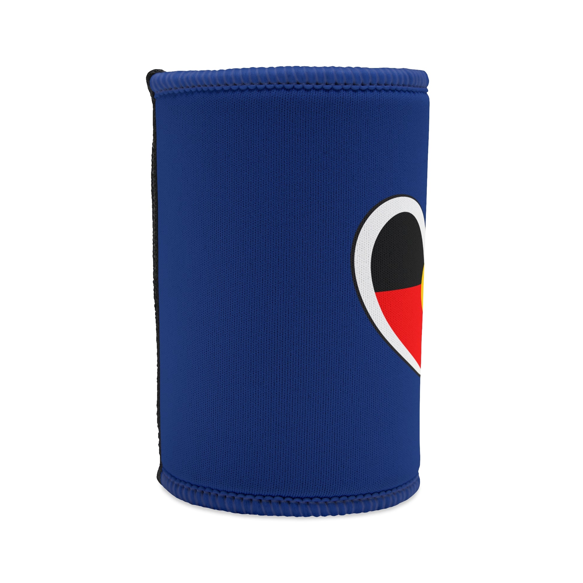 Right side angle of stubby cooler with curved heart design and clean navy blue neoprene material.