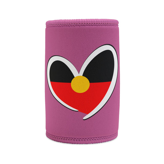 Pink stubby cooler with Aboriginal flag heart design, symbolising cultural pride, unity, and love.