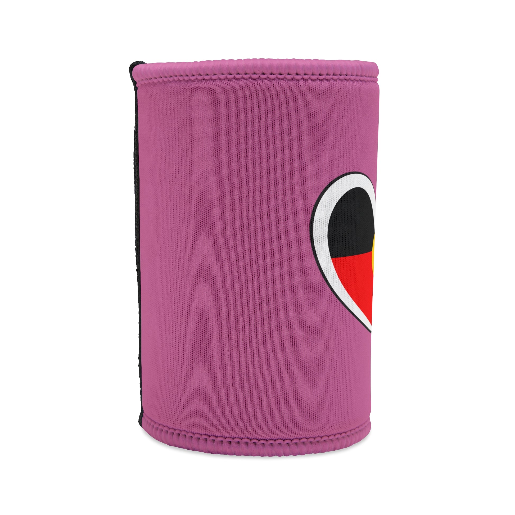 Right side angle of stubby cooler with curved heart design and clean pink neoprene material.