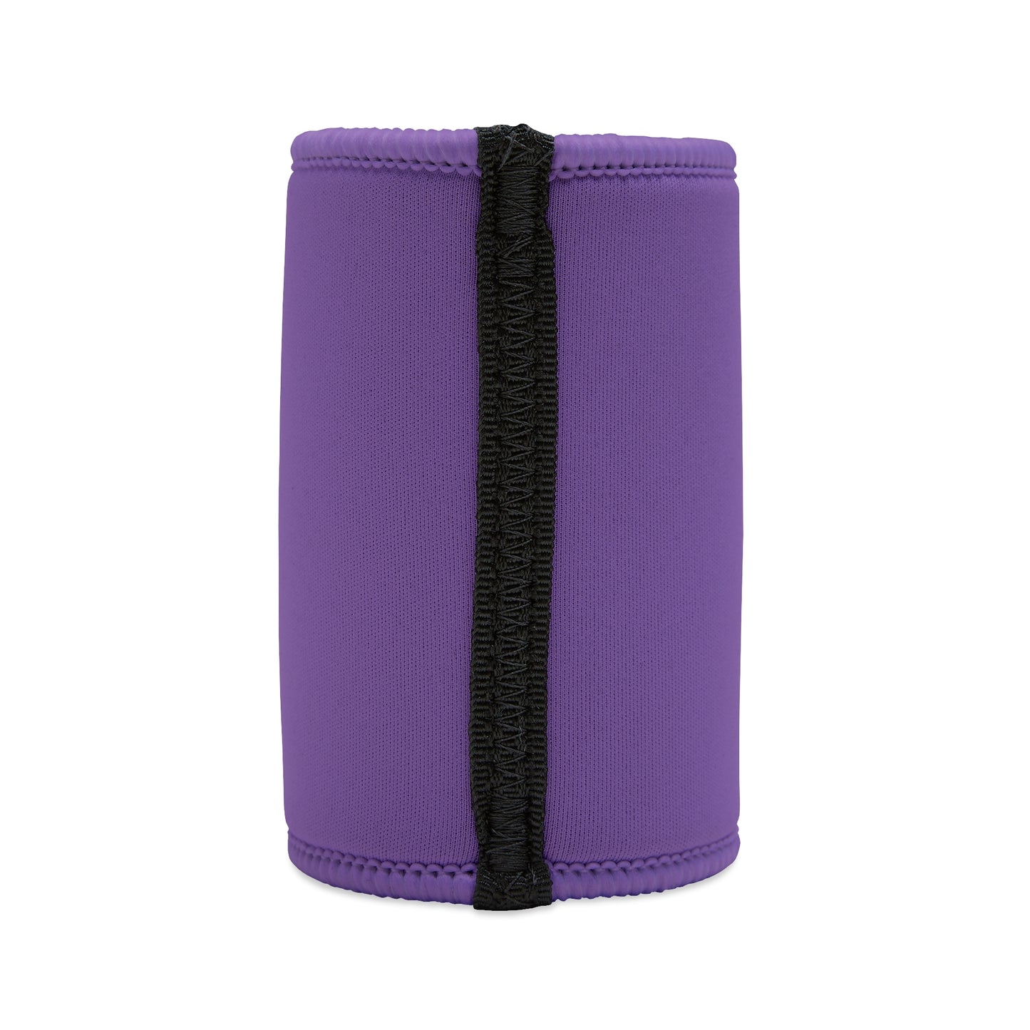 Back of purple stubby cooler with black vertical seam and smooth neoprene surface.
