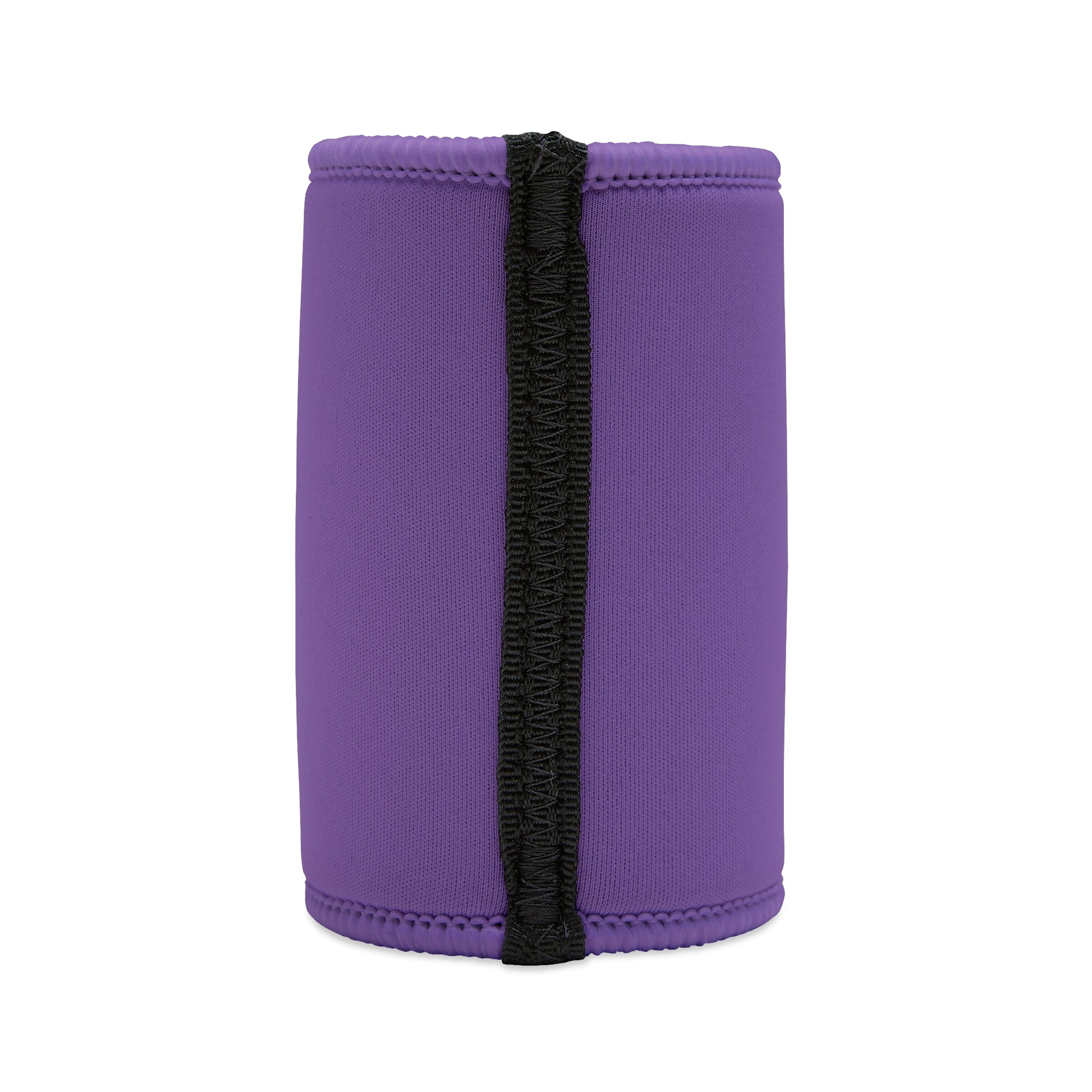 Back of purple stubby cooler with black vertical seam and smooth neoprene surface.