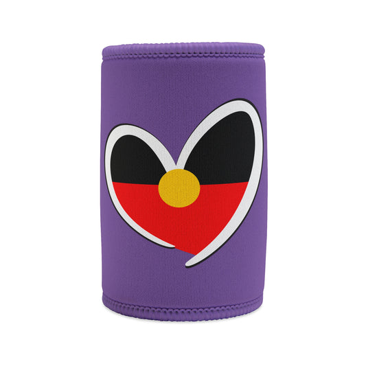 Purple stubby cooler with Aboriginal flag heart design, symbolising cultural pride, unity, and love.