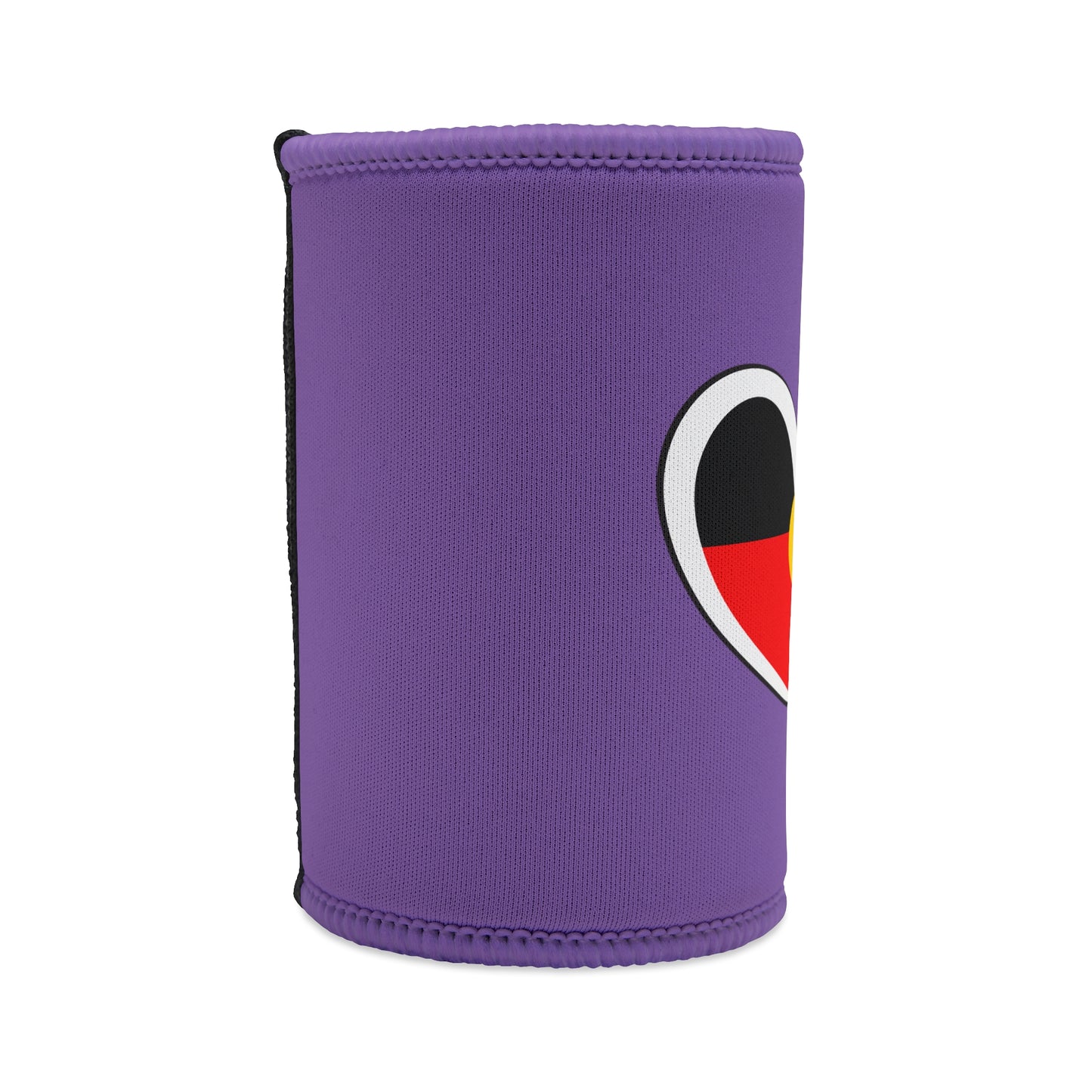 Right side angle of stubby cooler with curved heart design and clean purple neoprene material.