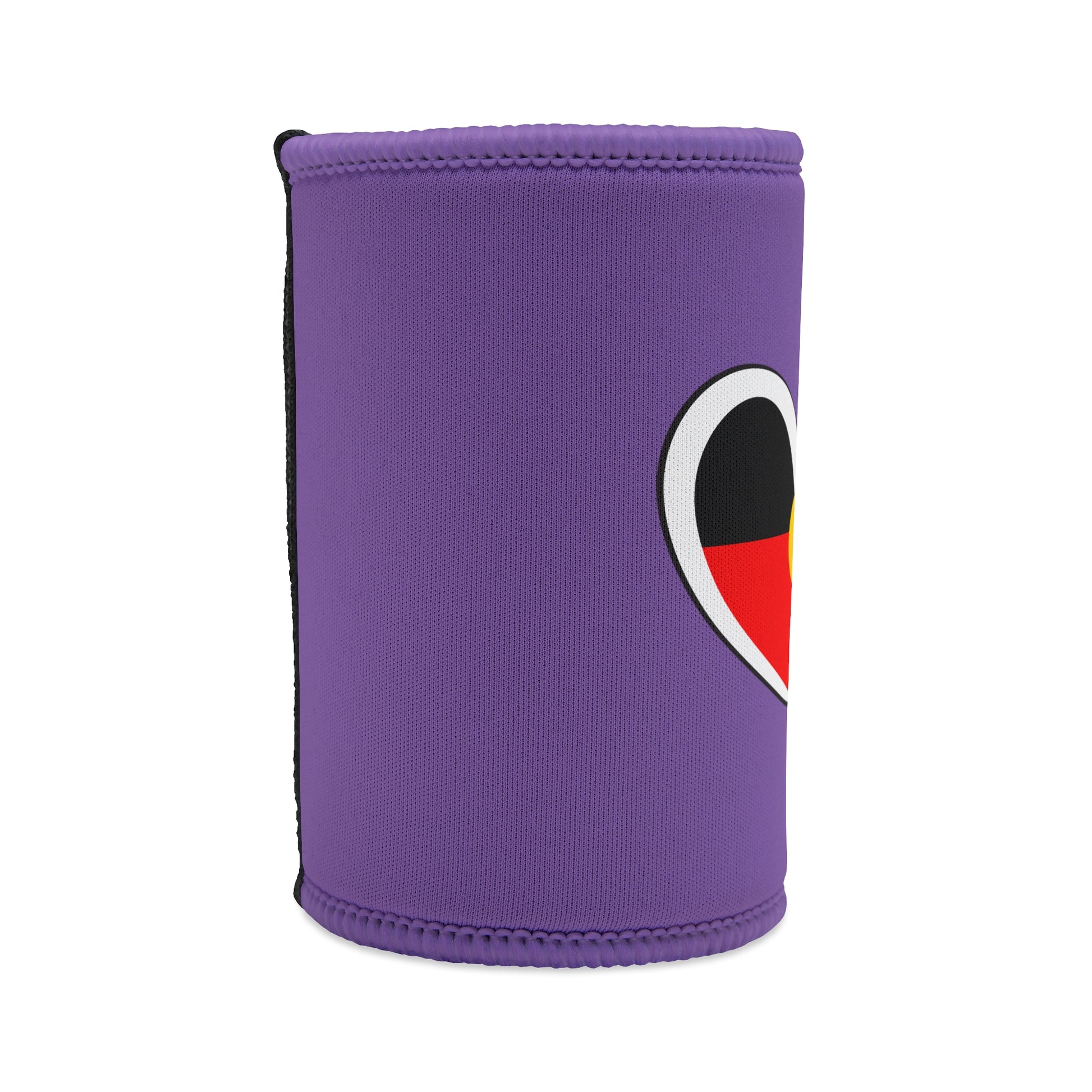 Right side angle of stubby cooler with curved heart design and clean purple neoprene material.