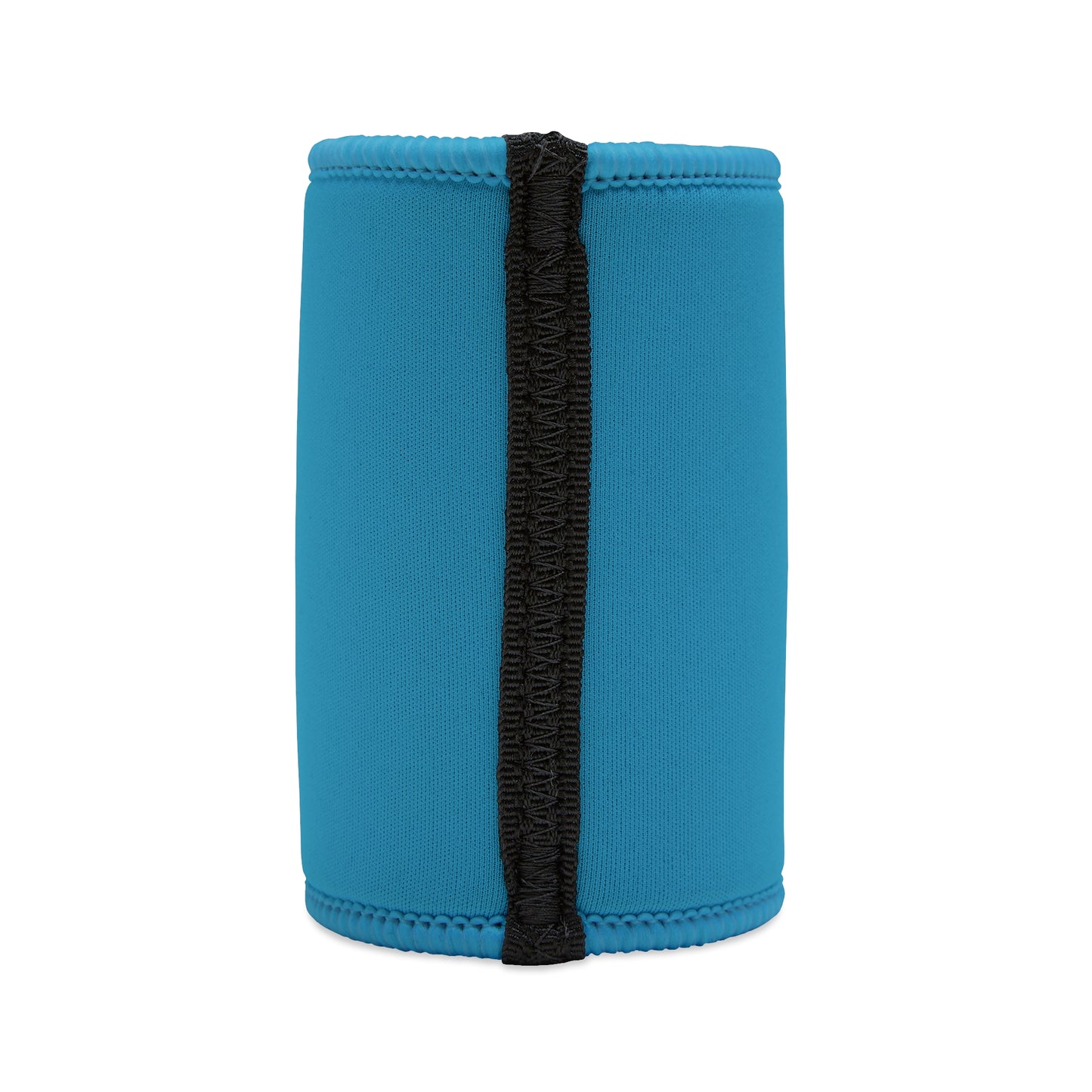 Back of turquoise stubby cooler with black vertical seam and smooth neoprene surface.