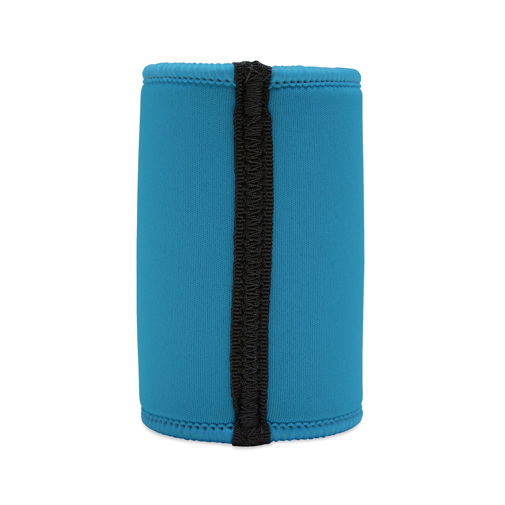 Back of turquoise stubby cooler with black vertical seam and smooth neoprene surface.