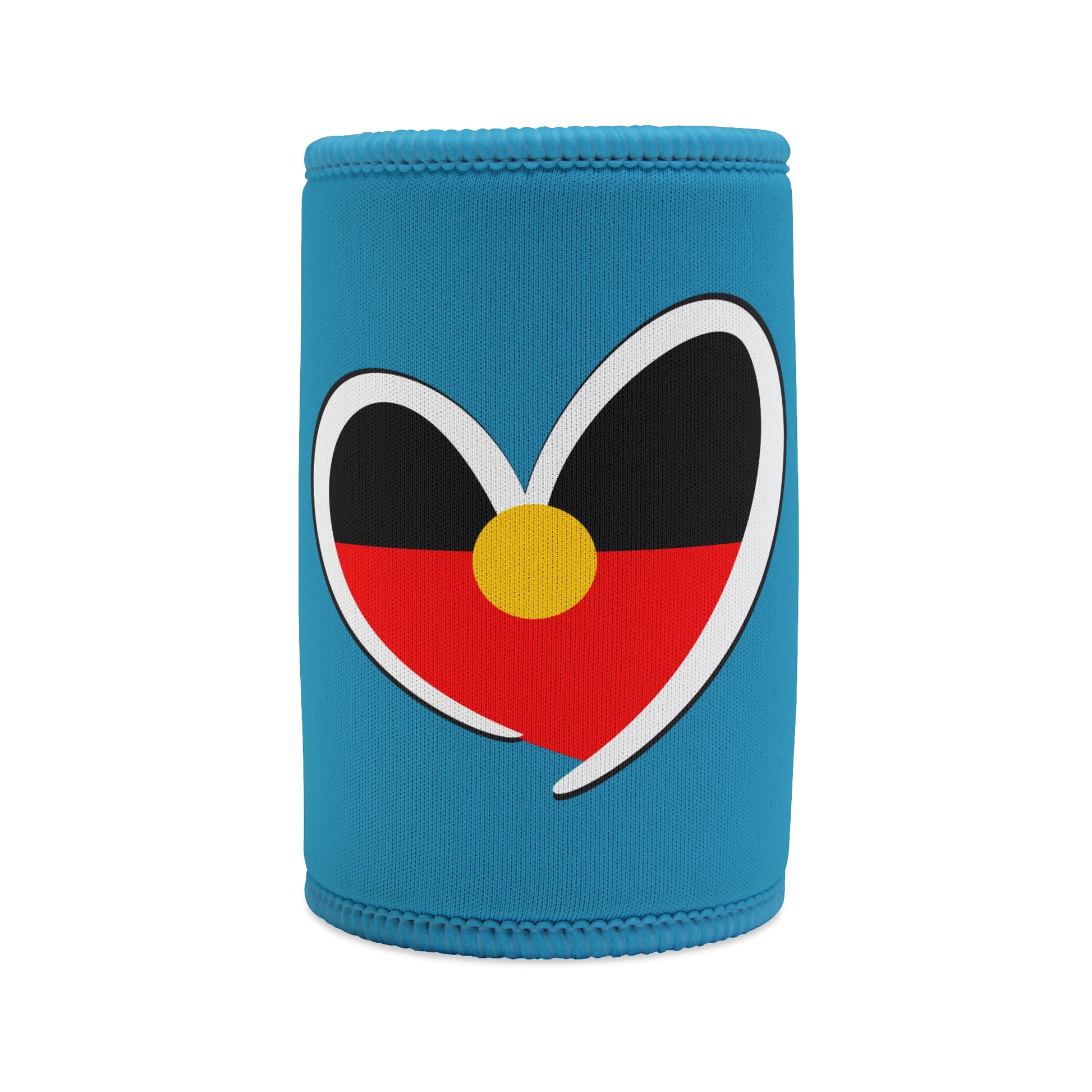 Turquoise stubby cooler with Aboriginal flag heart design, symbolising cultural pride, unity, and love.