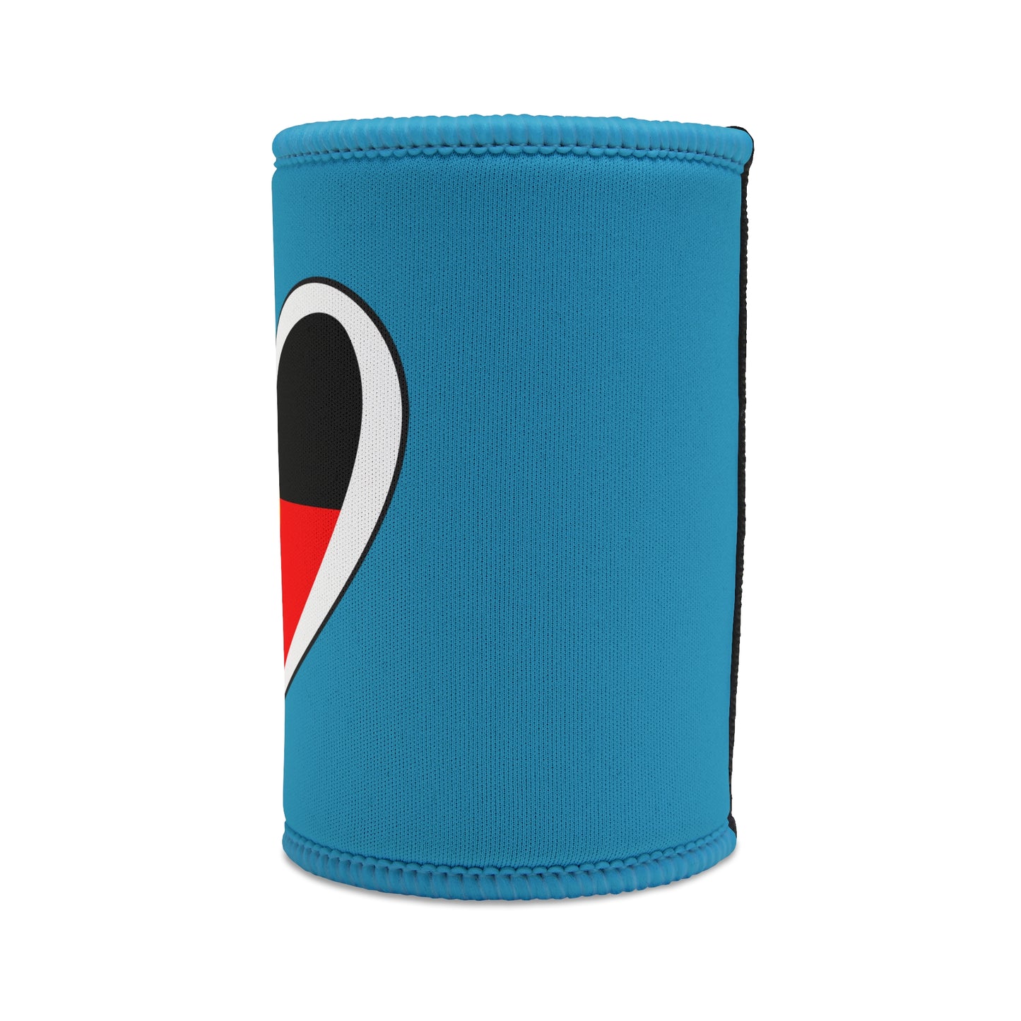 Left side view of turquoise stubby cooler showing partial Aboriginal flag heart design and stitched edge.