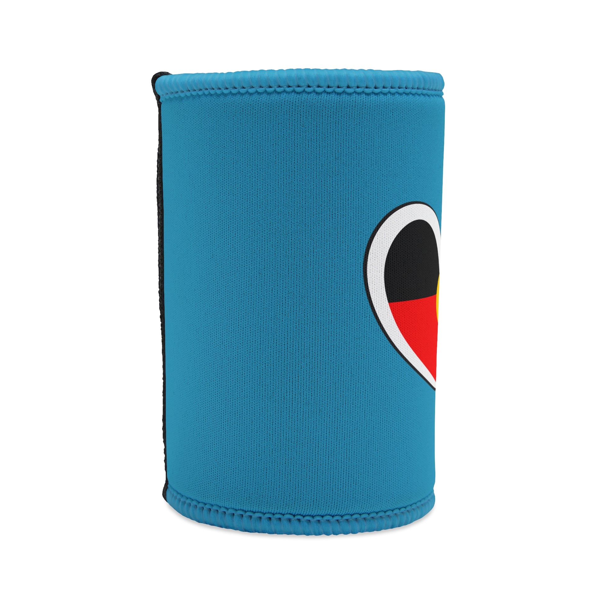 Right side angle of stubby cooler with curved heart design and clean turquoise neoprene material.