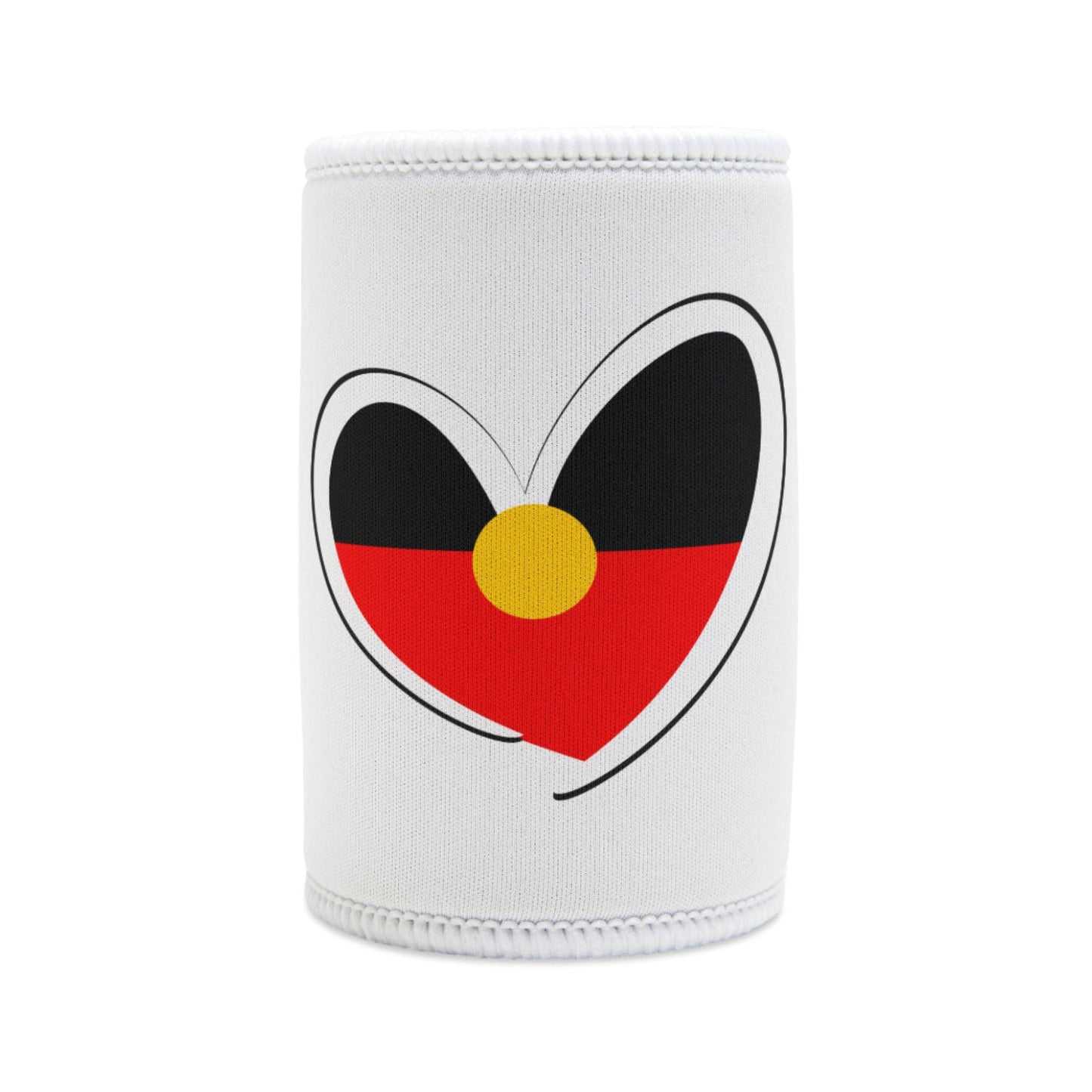 White stubby cooler with Aboriginal flag heart design, symbolising cultural pride, unity, and love.