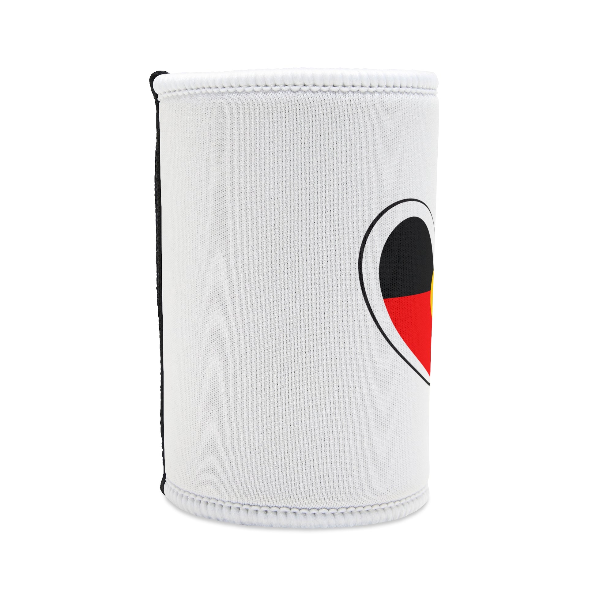 White stubby cooler with Aboriginal flag heart design, symbolising cultural pride, unity, and love.