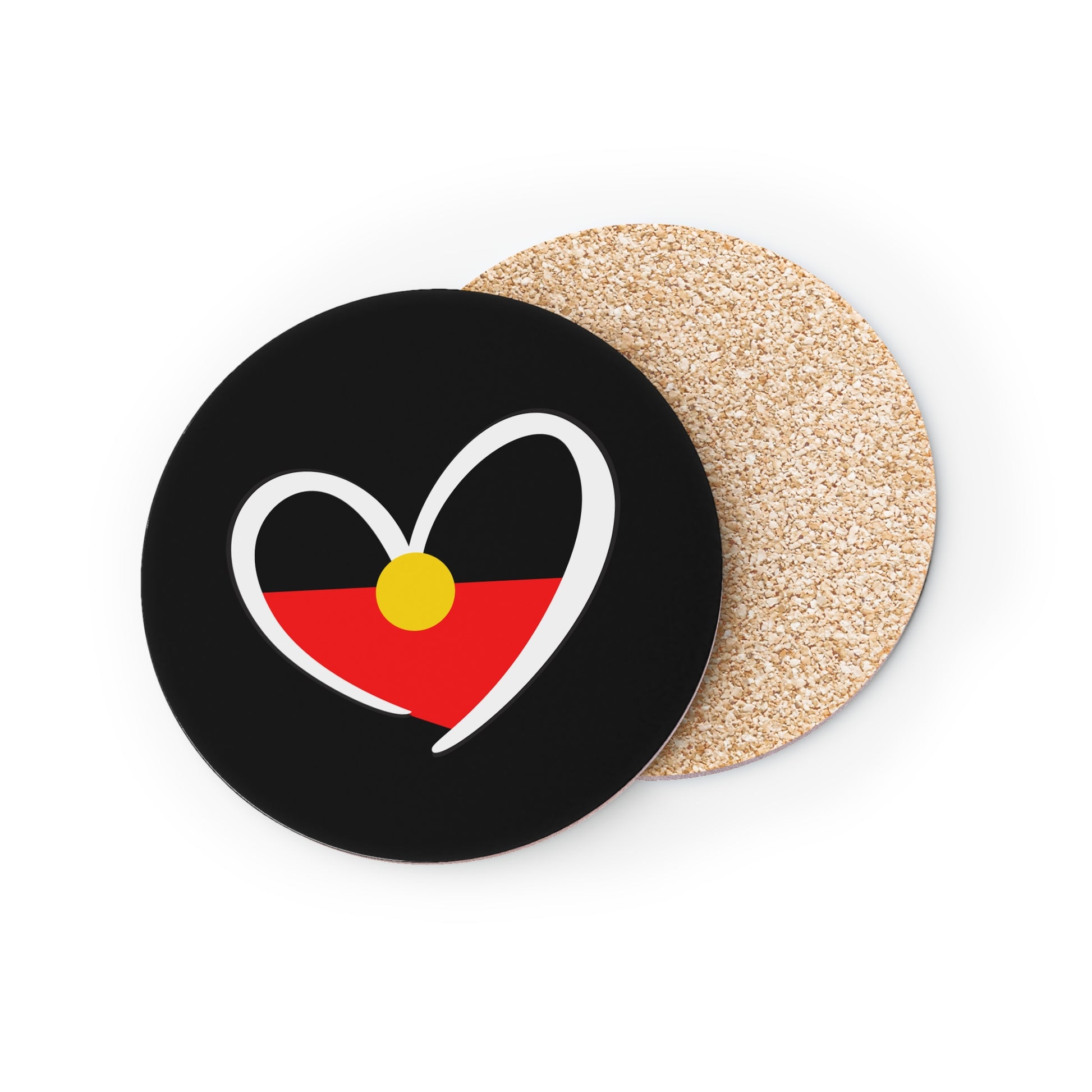 Round black Aboriginal Flag coaster with heart-shaped design and cork backing.