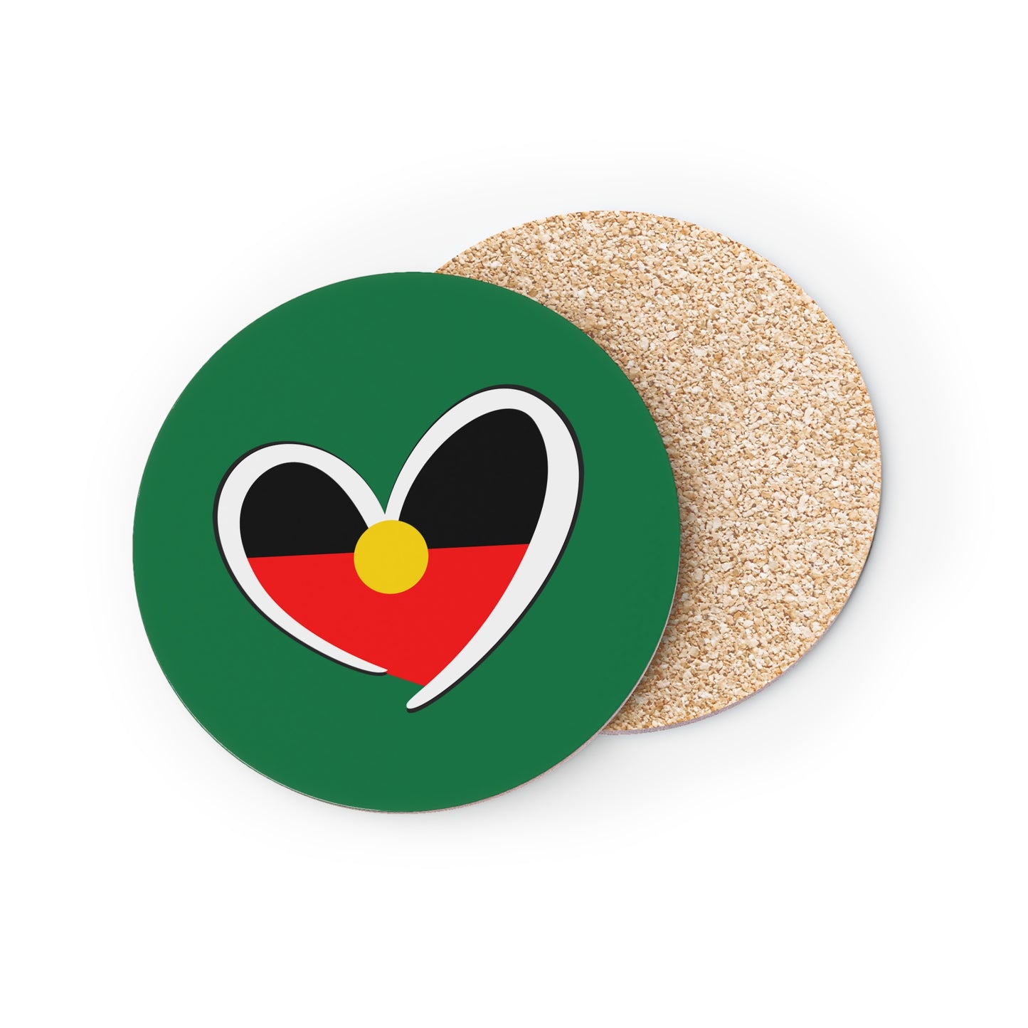 Round green Aboriginal Flag coaster with heart-shaped design and cork backing.