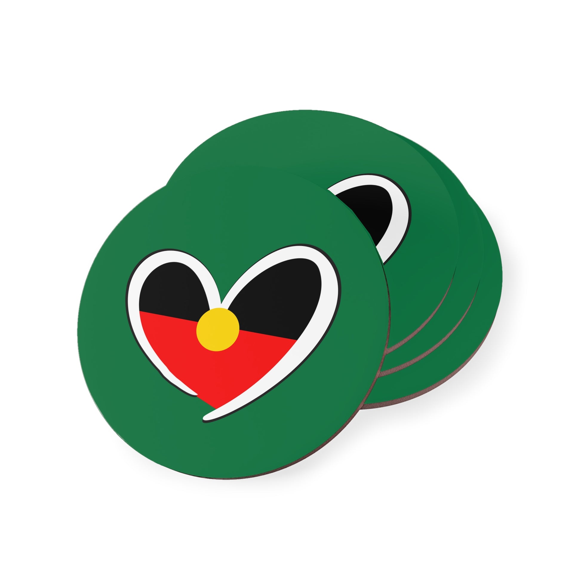 Square green Aboriginal Flag coaster on a wooden tray with coffee cup and coffee beans.