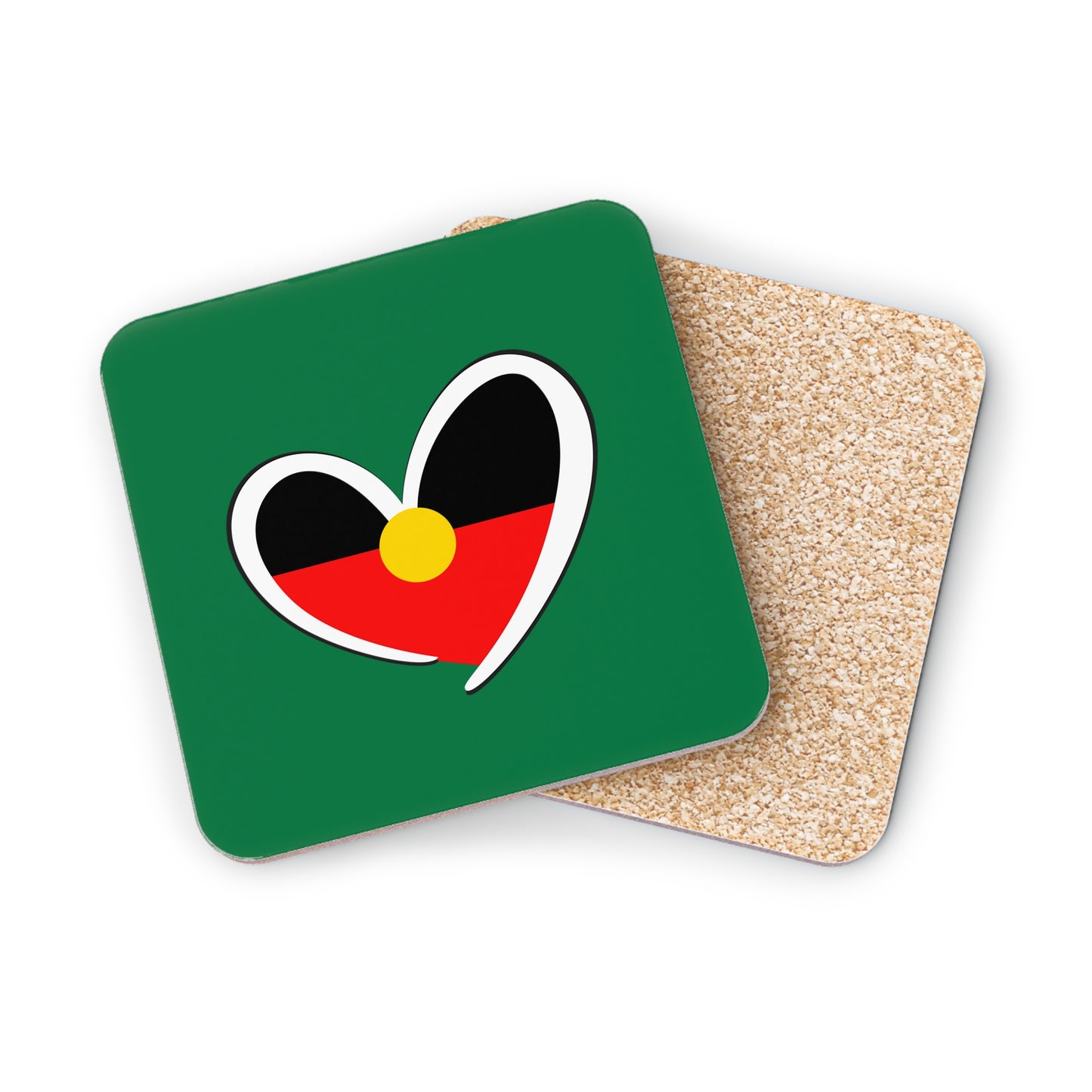 Square green coaster with Aboriginal heart flag design, representing love and culture.