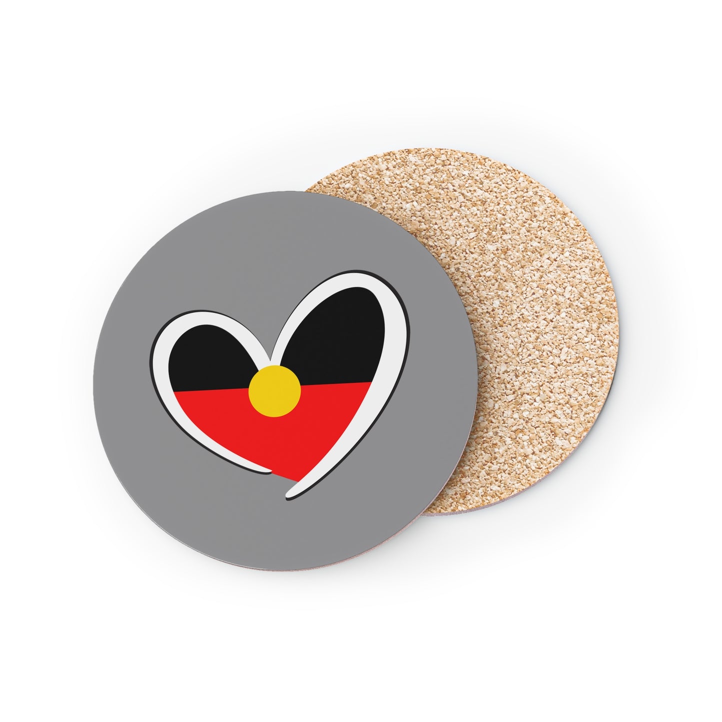 Round grey coaster with Aboriginal heart design, symbolising unity and cultural pride.