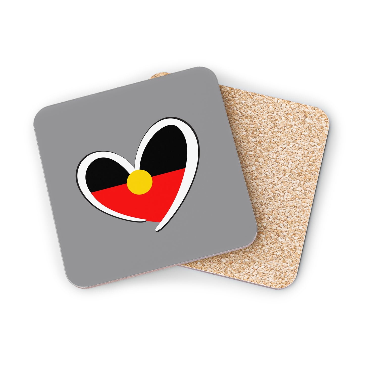 Square grey coaster with Aboriginal heart flag design, representing love and culture.