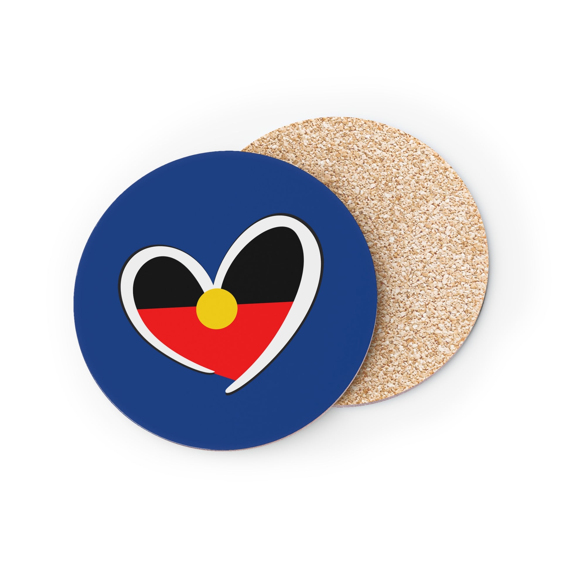 Navy blue round coaster with Aboriginal heart design and cork base – cultural and stylish homeware.