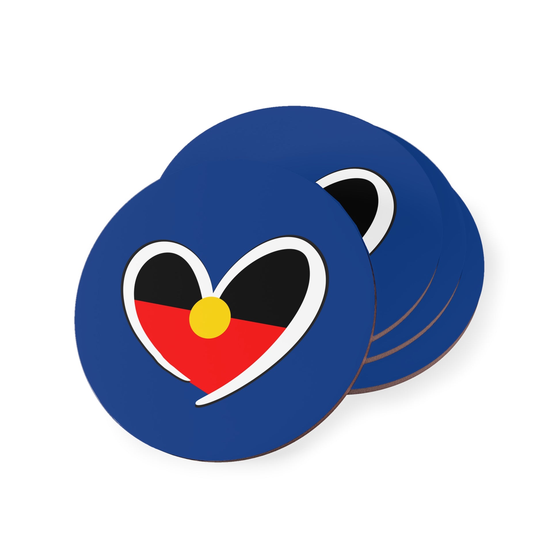 Set of 4 navy blue round coasters with Aboriginal heart symbol – glossy finish and cork backing.