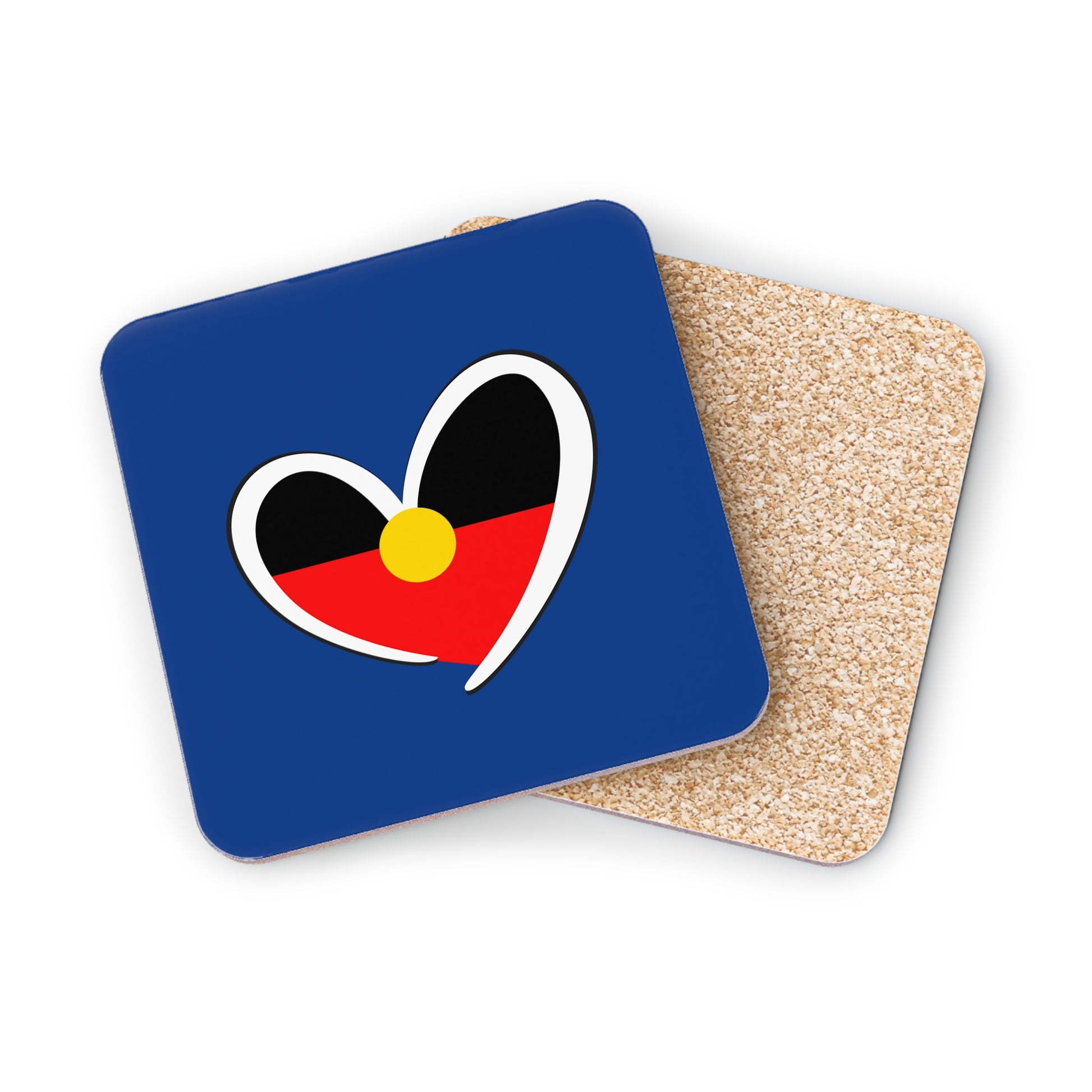 Navy blue square coaster with Aboriginal flag-inspired heart and corkwood base – high gloss finish.