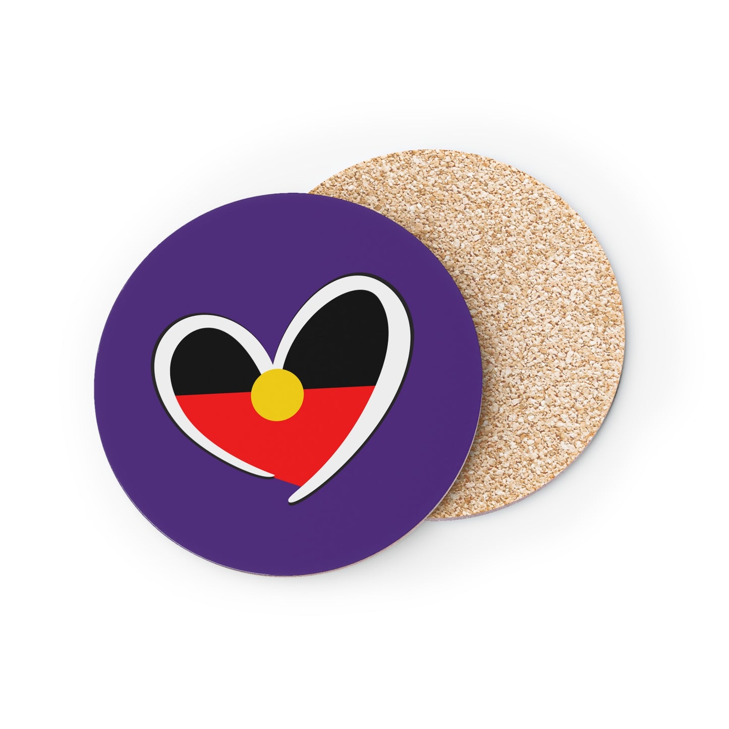 Round purple Aboriginal coaster with heart-shaped flag design, single unit with cork back.