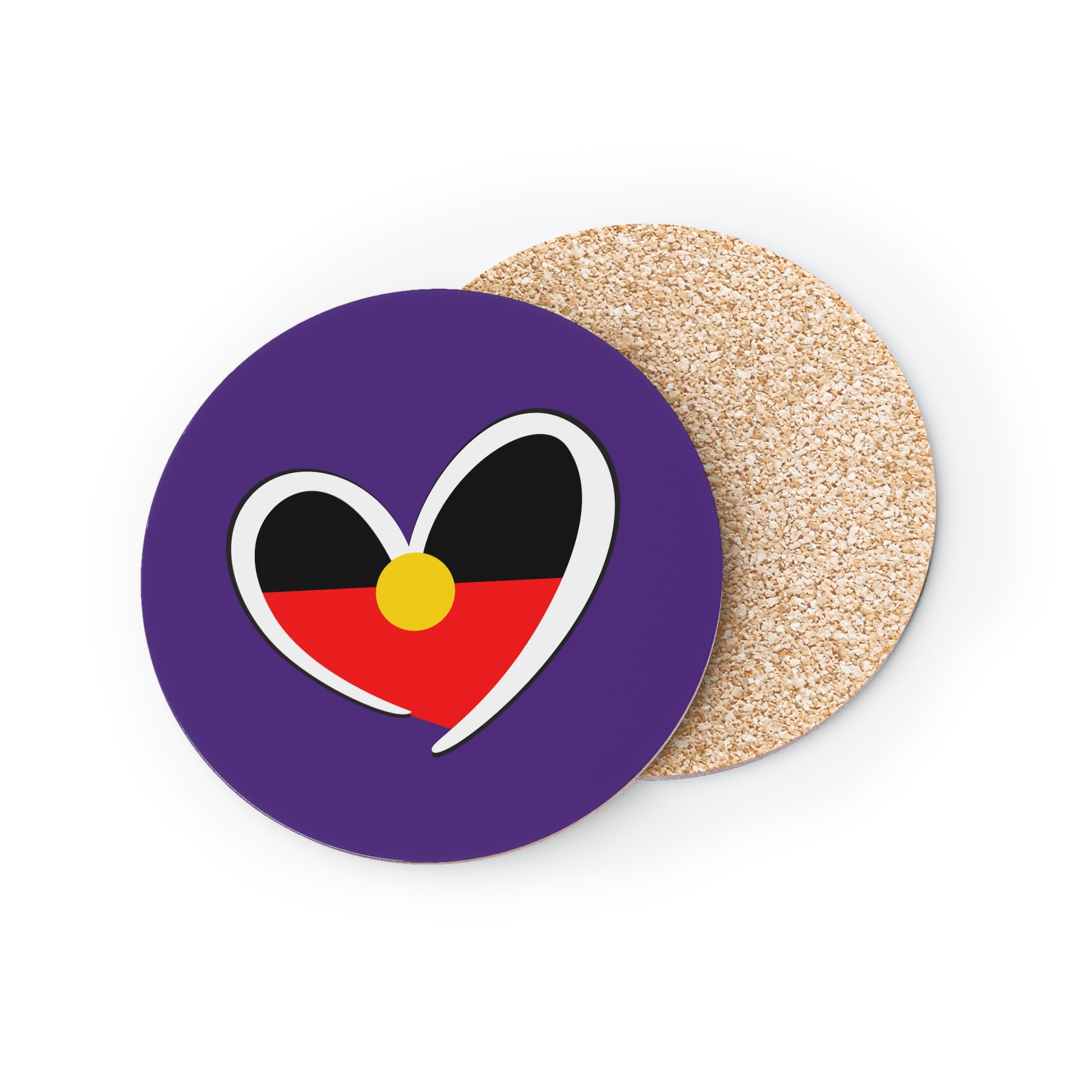 Round purple Aboriginal coaster with heart-shaped flag design, single unit with cork back.