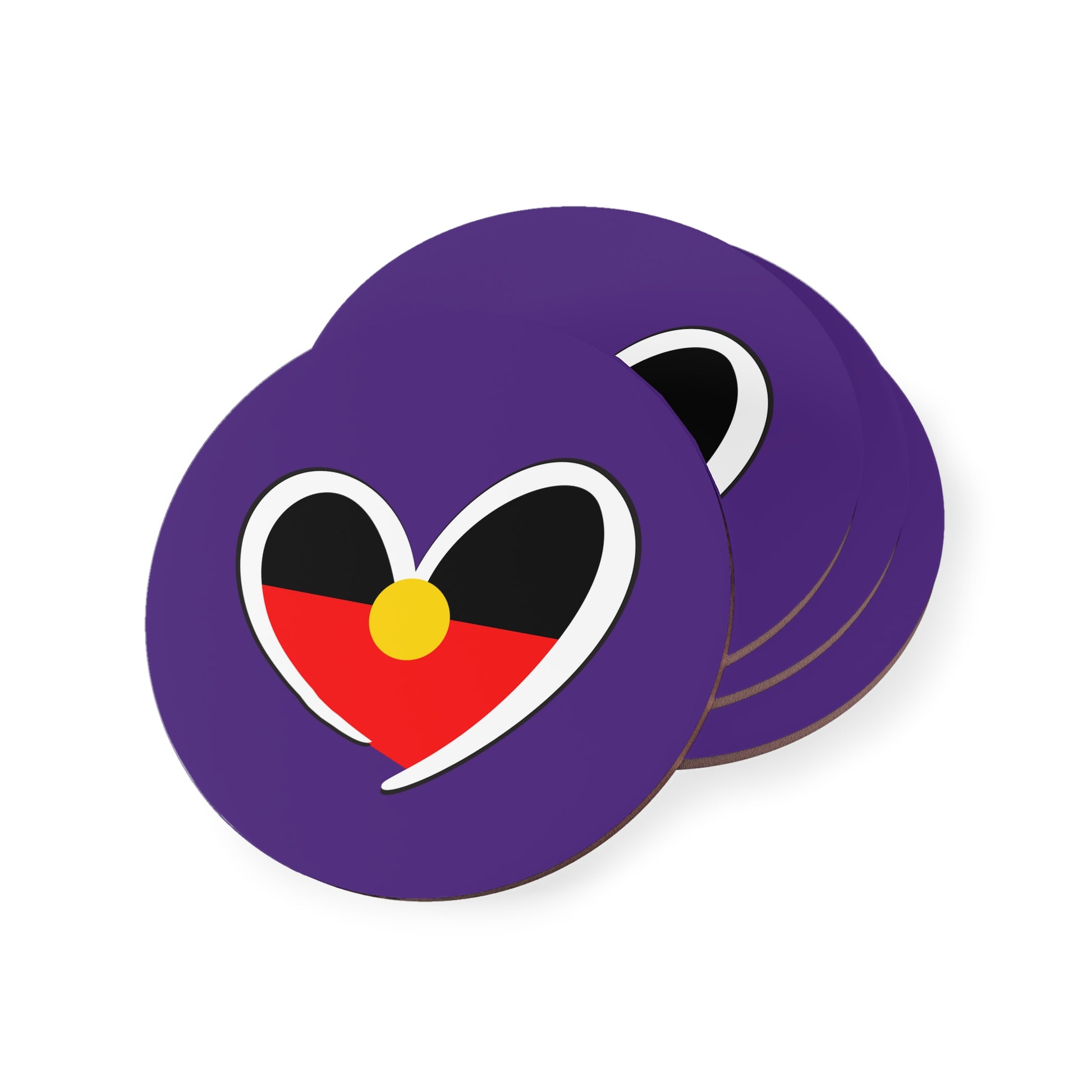 Set of four round purple Aboriginal coasters with heart flag design, ideal for table decor.