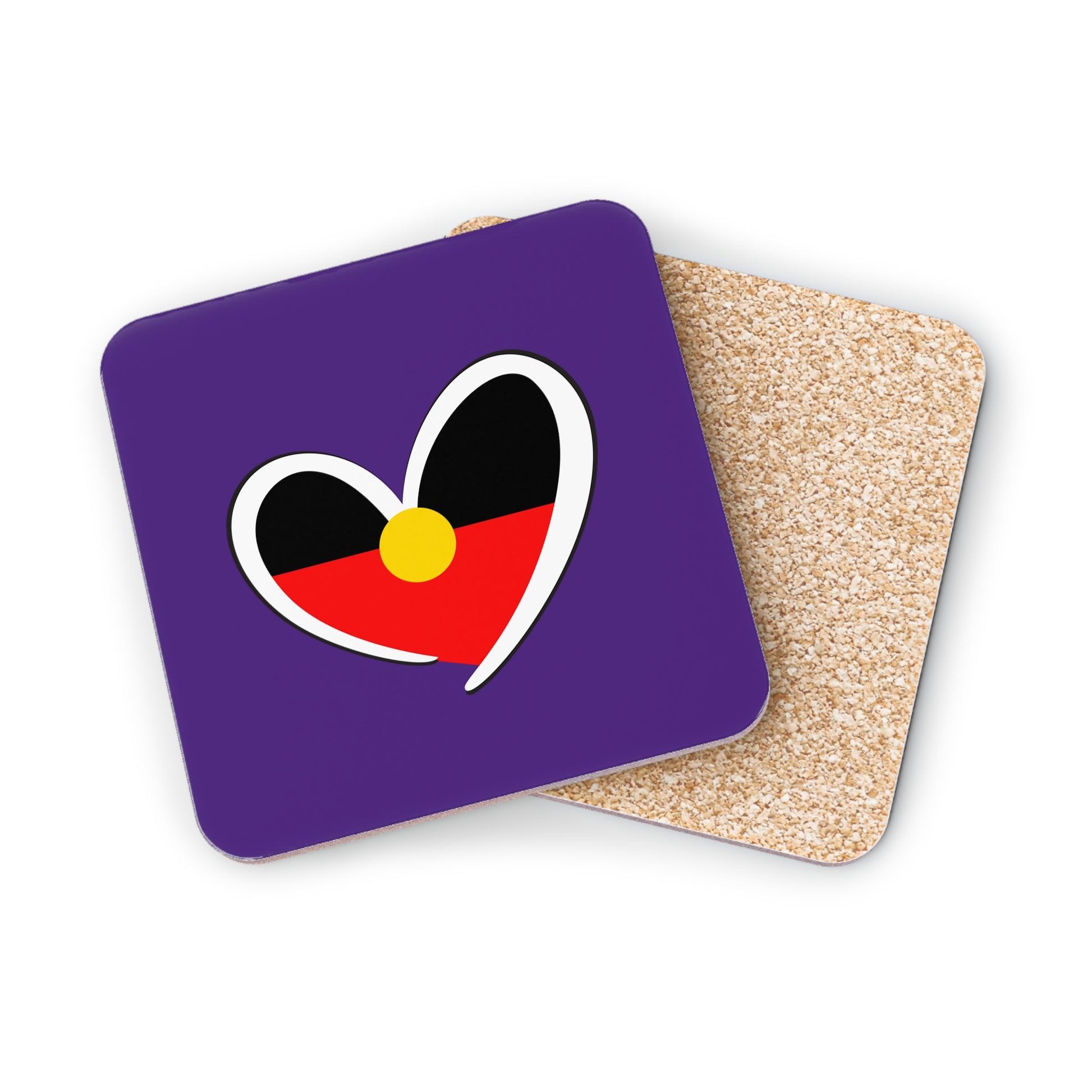Single square purple coaster with Aboriginal heart design and cork backing displayed clearly.